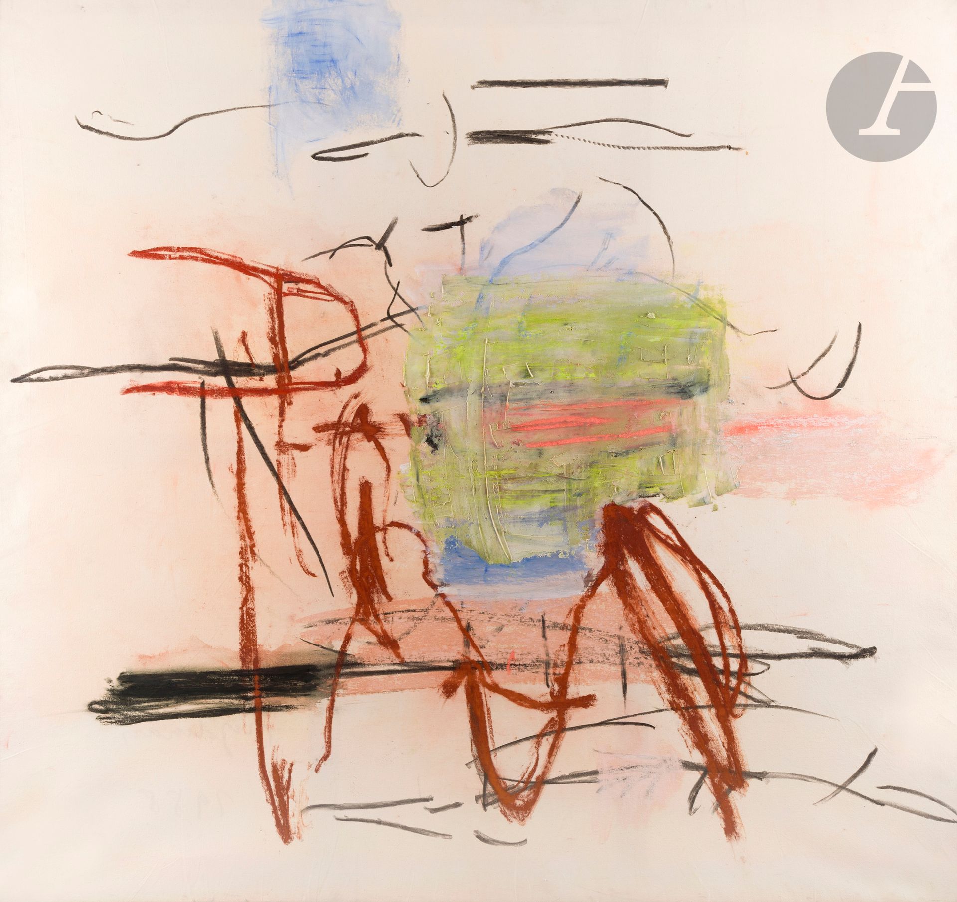 Monique FRYDMAN (née en 1943)
Sans titre, 1988
Pigments et pastels sur toile de coton.
Signé et daté au dos.
186 x 196 cm

Provenance : 
- Galerie Baudoin Lebon, Paris (étiquette au dos sur le châssis).
- Galerie Jacques Elbaz, Paris (étiquette au dos sur le châssis).

Expositions : 
- Monique Frydman, Galerie Baudoin Lebon, Paris, 8 octobre - 10 novembre 1988, catalogue, reproduit p. 62.
- FIAC 88, Paris, 22 - 30 octobre 1988.