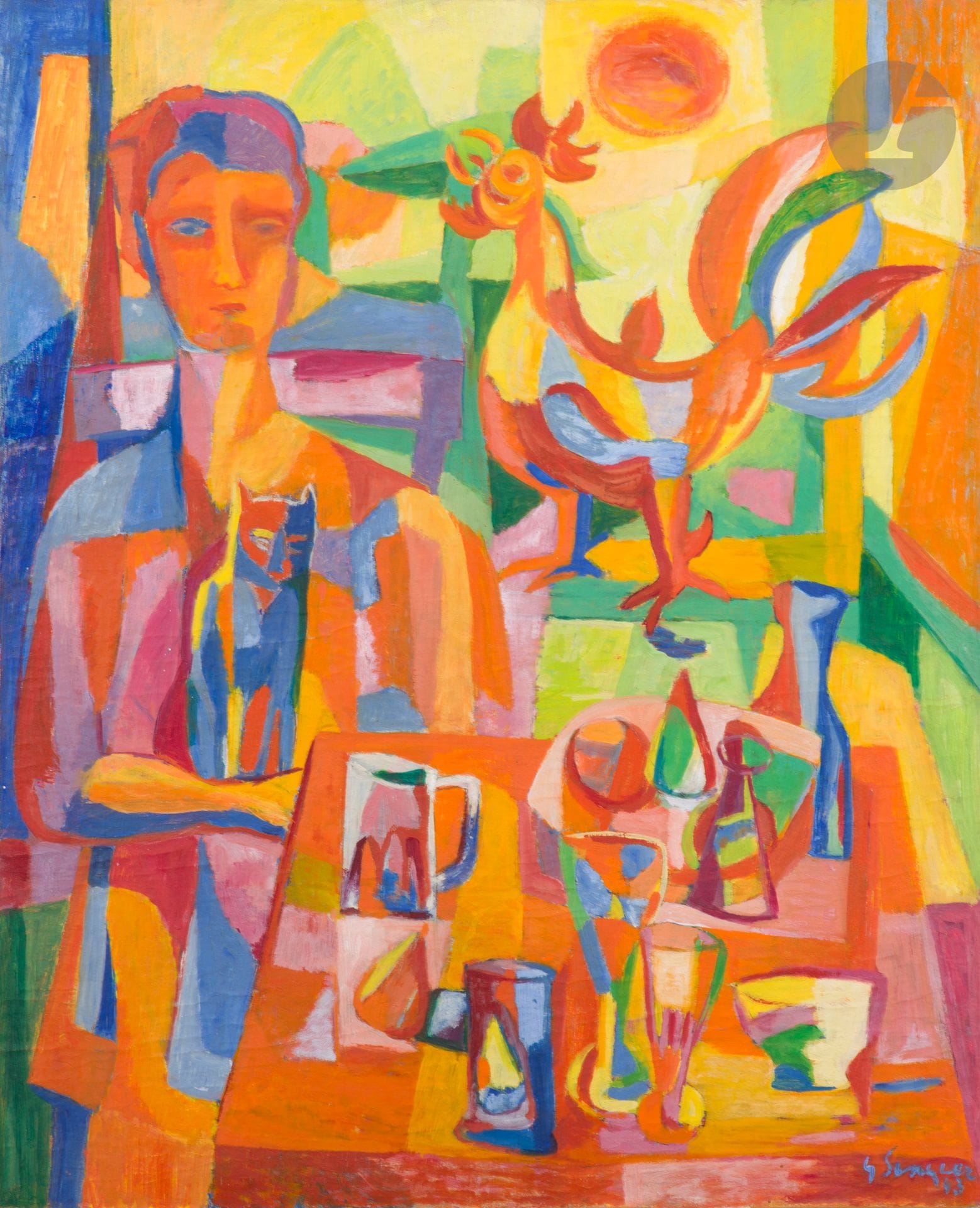Gustave SINGIER (1909-1984)
La Femme au coq, 1943
Huile sur toile.
Signée et datée en bas à droite.
Signée, datée et titrée au dos (illisible).
(Restauration).
100 x 81 cm

Provenance : 
Collection Gaston Diehl. Par descendance.

Exposition : 
Résistance - Déportation 1933-1945, musée de l’Ordre de la Libération, Paris, 20 avril - 20 juin 1980, n° 118.

L’œuvre sera incluse au Catalogue raisonné de l’œuvre de Gustave Singier actuellement en préparation par Monsieur Philippe Leburgue et Madame Martine Jeannet.