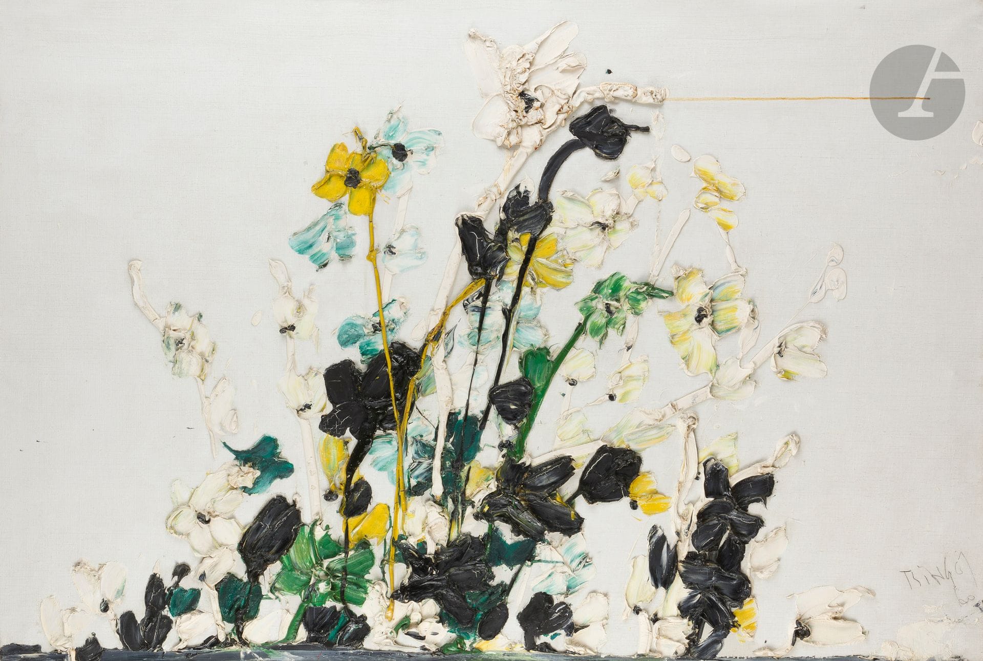 Thanos TSINGOS [grec] (1914-1965)
Fleurs, 1960
Huile sur toile.
Signée en bas à droite.
(Petites restaurations).
89 x 130 cm

Provenance : 
Collection particulière, Paris 6e.

Exposition : 
Tsingos, Musée national d’art moderne, Centre Georges Pompidou, 24 septembre - 17 novembre 1980, catalogue, n° 34, reproduit p. 15 (étiquette au dos).