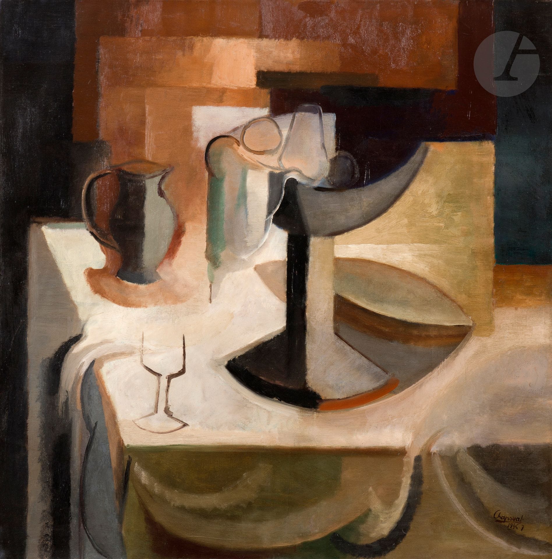 Youla CHAPOVAL (1919-1951)
Sans titre (Nature morte), 1946-47
Huile sur toile contrecollée sur papier.
Signée et datée en bas à droite.
(Restauration).
92 x 92 cm

Provenance : 
- Madame Bella Chapoval-Moisesco, sœur de Youla Chapoval.
- Collection Madame et Monsieur Moisset, France.

Exposition : 
Youla Chapoval : 1919-1951, Musée d’Art moderne de la Ville de Paris, octobre - novembre 1964, catalogue, n° 7 (étiquette au dos sur le châssis).

Bibliographie : 
Évelyne et Marie-Laure Moisset, Youla Chapoval, Catalogue raisonné de l’œuvre peint, Paris, Les Éditions de l’amateur, 2015, n° 151, reproduit p. 151.
