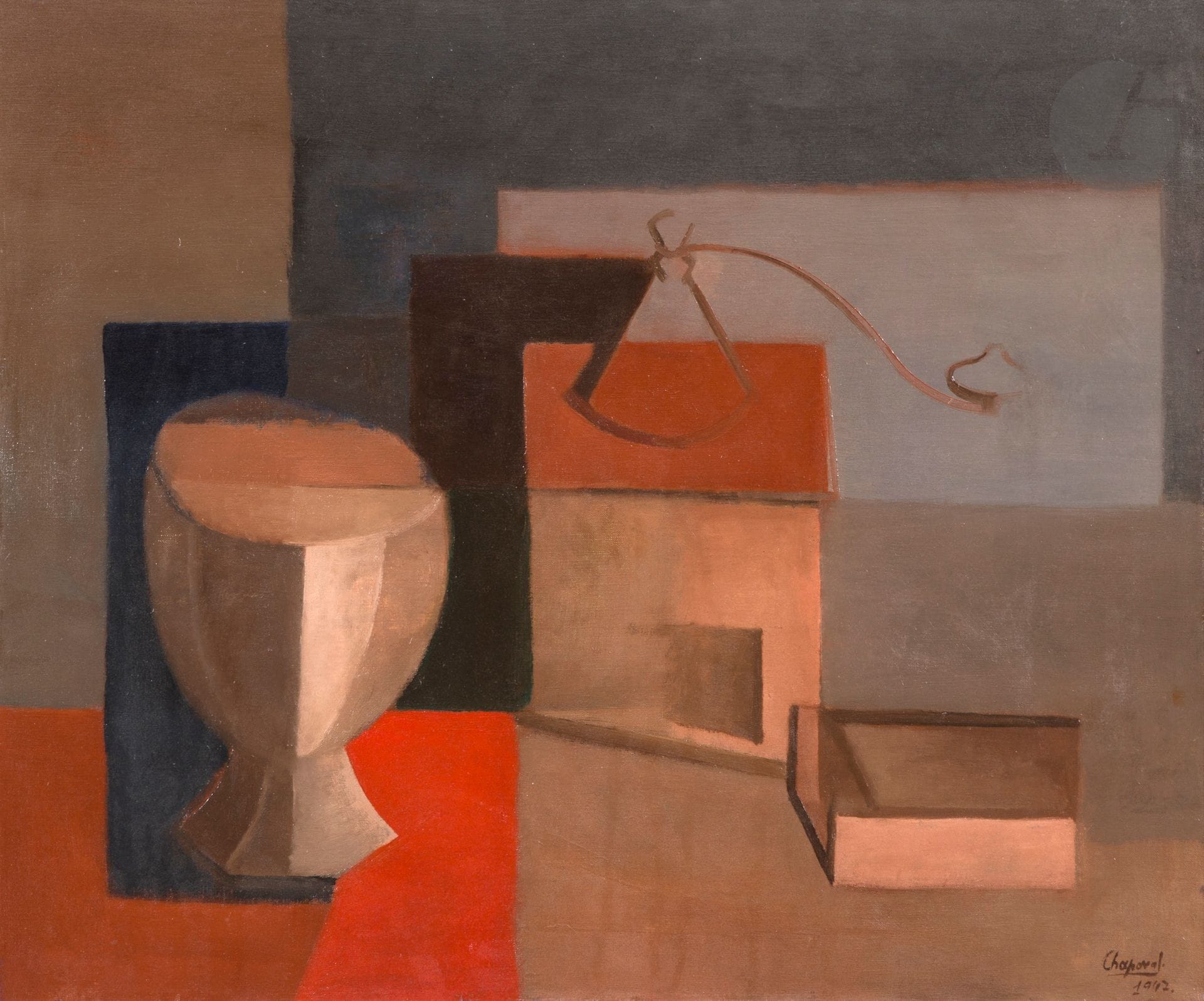 Youla CHAPOVAL (1919-1951)
Bol et moulin à café, 1947
Huile sur toile.
Signée et datée en bas à droite.
(Restaurations).
54 x 65,5 cm

Provenance : 
- Madame Bella Chapoval-Moisesco, sœur de Youla Chapoval.
- Collection Madame et Monsieur Moisset, France.

Expositions : 
- Youla Chapoval : 1919-1951, Musée d’Art moderne de la Ville de Paris, octobre - novembre 1946, catalogue, n° 17 (étiquette au dos sur le châssis).
- Youla Chapoval, Musée d’Art moderne, Villeneuve-d’Ascq, mars - mai 1991, n° 11, reproduit p. 24.

Bibliographie : 
Évelyne et Marie-Laure Moisset, Youla Chapoval, Catalogue raisonné de l’œuvre peint, Paris, Les Éditions de l’amateur, 2015, n° 253, reproduit p. 199.