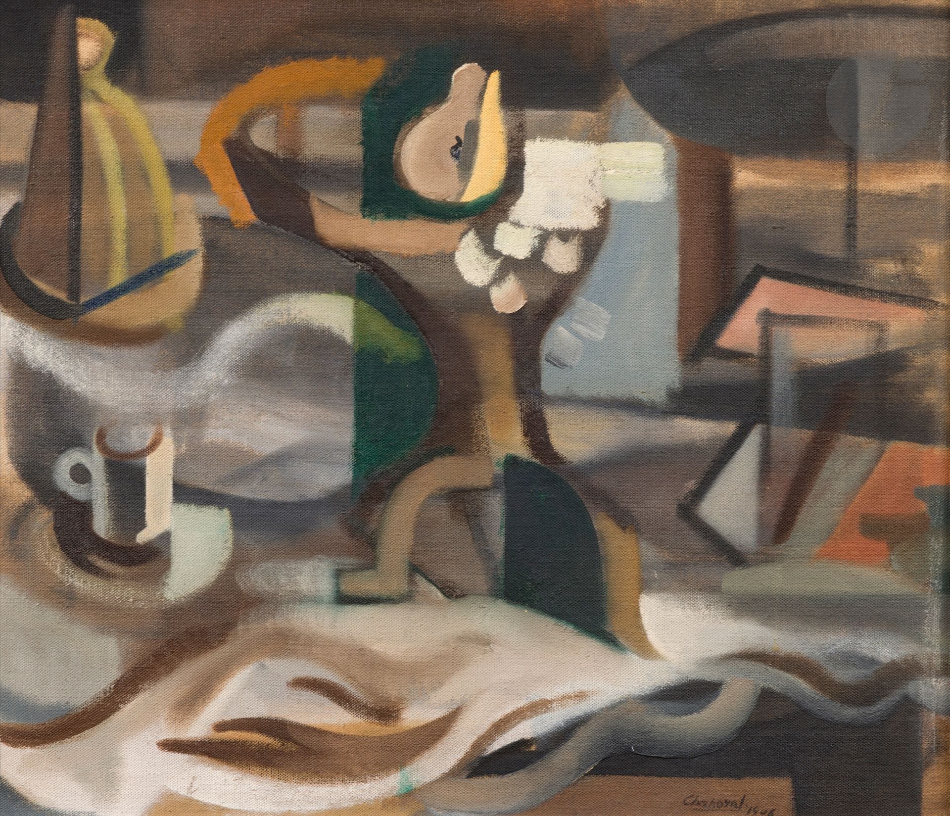 Youla CHAPOVAL (1919-1951)
Untitled (Still life with coffee cup and pear), 1946
Oil on canvas.
Signed and dated lower right.
50 x 61 cm

Provenance : 
- Madame Bella Chapoval-Moisesco, sister of Youla Chapoval.
- Collection Madame and Monsieur Moisset, France.

Bibliography : 
Évelyne and Marie-Laure Moisset, Youla Chapoval, Catalogue raisonné de l'œuvre peint, Paris, Les Éditions de l'amateur, 2015, no. 113, reproduced p. 135.