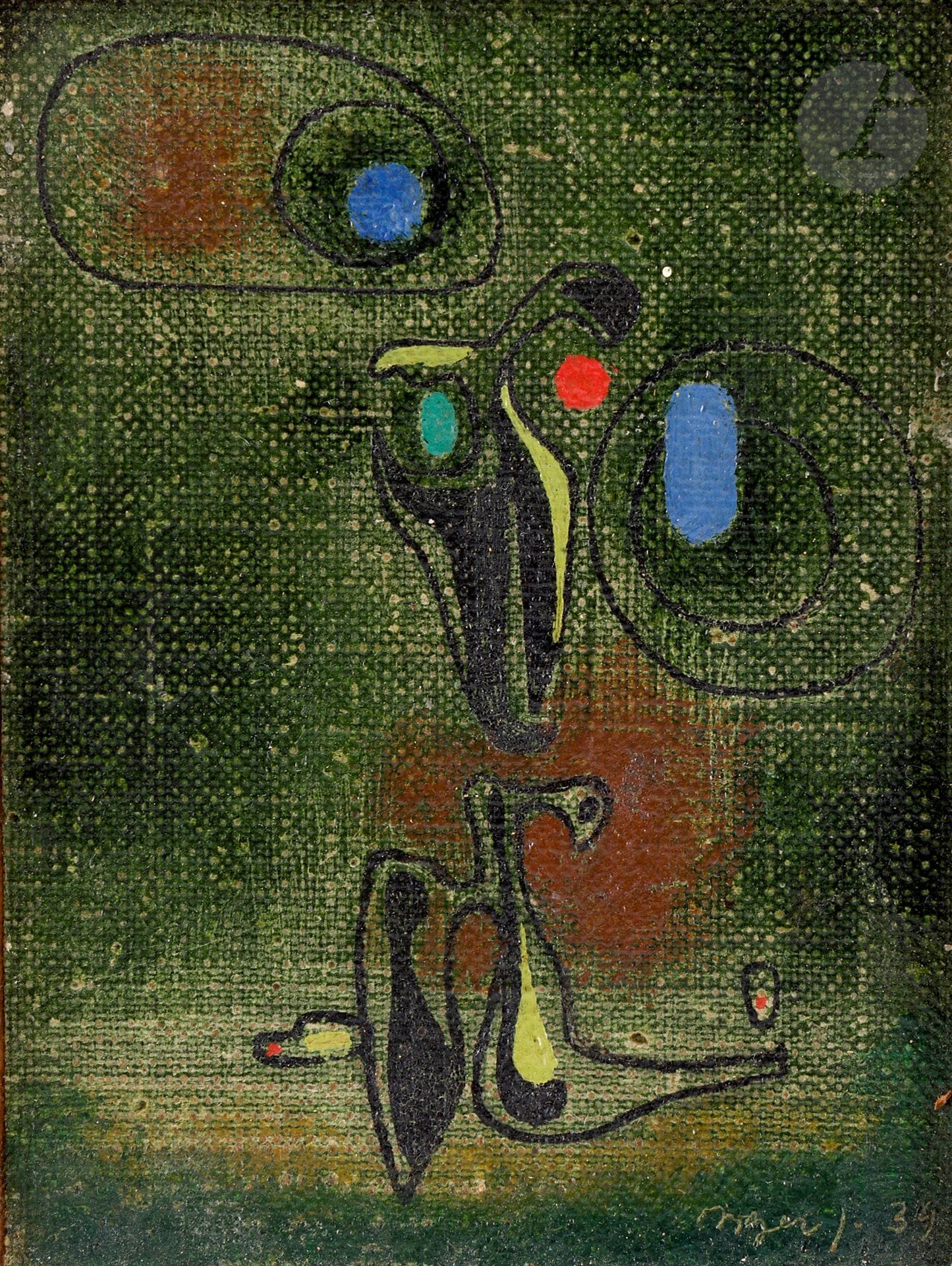 Asger JORN [danois] (1914-1973)
The Tortoise II, 1939
Huile sur toile contrecollée sur panneau.
Signée et datée en bas à droite.
10 x 7,2 cm

Provenance : 
Collection particulière, Paris 6e.

Bibliographie : 
Guy Atkins, Jorn in Scandinavia 1930-1953, Londres, Éditions Lund Humphries, 1968, n° 114, reproduit p. 328.
