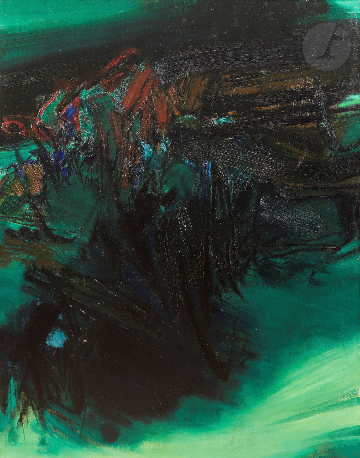 CHU Teh-Chun [chinois] (1920-2014)
N° 142, 1963
Huile sur toile.
Signée en bas à droite.
Signée, datée et numérotée au dos.
146 x 114 cm

Provenance : 
- Galerie Arlette Gimaray, Paris (étiquette au dos sur le châssis).
- Vente Mes Dumousset-Deburaux, 9 novembre 1989, n°27.
- Vente Mes Champin-Lombrail-Gautier, Enghien-les-Bains, 4 avril 1990, n°15.
- Vente Me Gabrielle Ionesco, Hôtel des ventes de Neuilly, 3 juillet 1990, n° 158. Acquis lors de cette dernière par l’actuelle propriétaire.

Exposition :
Galerie Legendre, Paris, 1963.
 
Cette œuvre figure dans les archives de la Fondation Chu Teh Chun (https://chu-teh-chun.org) et sera publiée dans le Catalogue raisonné de Chu Teh-Chun en cours de préparation. 

Un certificat de la Fondation Chu Teh-Chun sera remis à l’acquéreur.