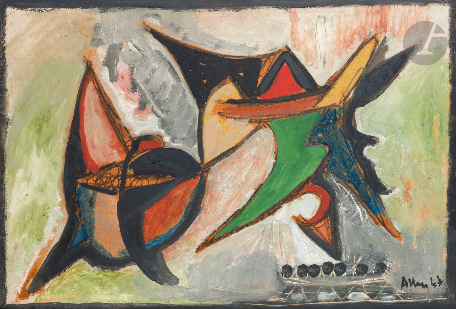 Jean-Michel ATLAN (1913-1960)
Sans titre, 1947
Huile sur isorel.
Signée et datée en bas à droite.
50 x 73 cm

Provenance : 
- Galerie Maeght, Paris.
- Galerie Claude Bernard, Paris.
- Vente Me Briest, Hôtel Drouot, Paris, 18 mars 1988, n° 386.
- Galerie Daniel Besseiche, Paris.
- Galerie Matignon Fine Art, Paris. 
- Collection particulière, Paris. Acquis auprès de la précédente.

Exposition: 
Atlan, Galerie Enrico Navarra, Paris, avril - juin 1989, catalogue, reproduit p. 21.
 
Bibliographie :
- Atlan premières périodes 1940-1954, Paris, Éditions Adam Biro, 1989, reproduit p. 156.
- Denise Atlan, Camille Atlan et Jacques Polieri, Atlan : Catalogue raisonné de l’œuvre complet, Paris, Éditions Gallimard, 1996, n° 70, reproduit p. 182.

Un certificat de Madame Camille Atlan, en date du 25 avril 1988, sera remis à l’acquéreur.