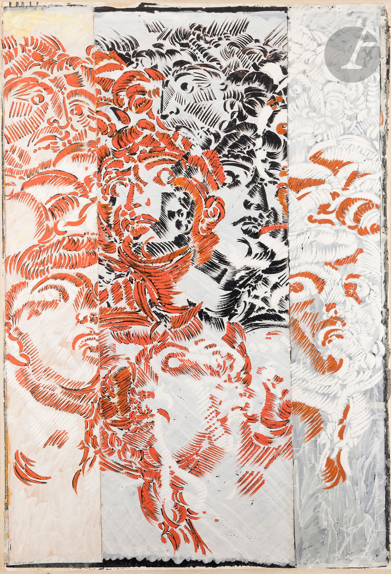 François ROUAN (né en 1943)
Éclat - Tête - Esquille, 1989
Peinture à la cire sur papier monté sur toile
Signée, datée et située « Laversine, 989 » en pied.
Signée, datée, titrée et située au dos.
126 x 85 cm

Provenance : 
- Galerie Daniel Templon, Paris (étiquette au dos sur le châssis).
- Collection de Madame N., Paris 6e. Acquis auprès de cette dernière.