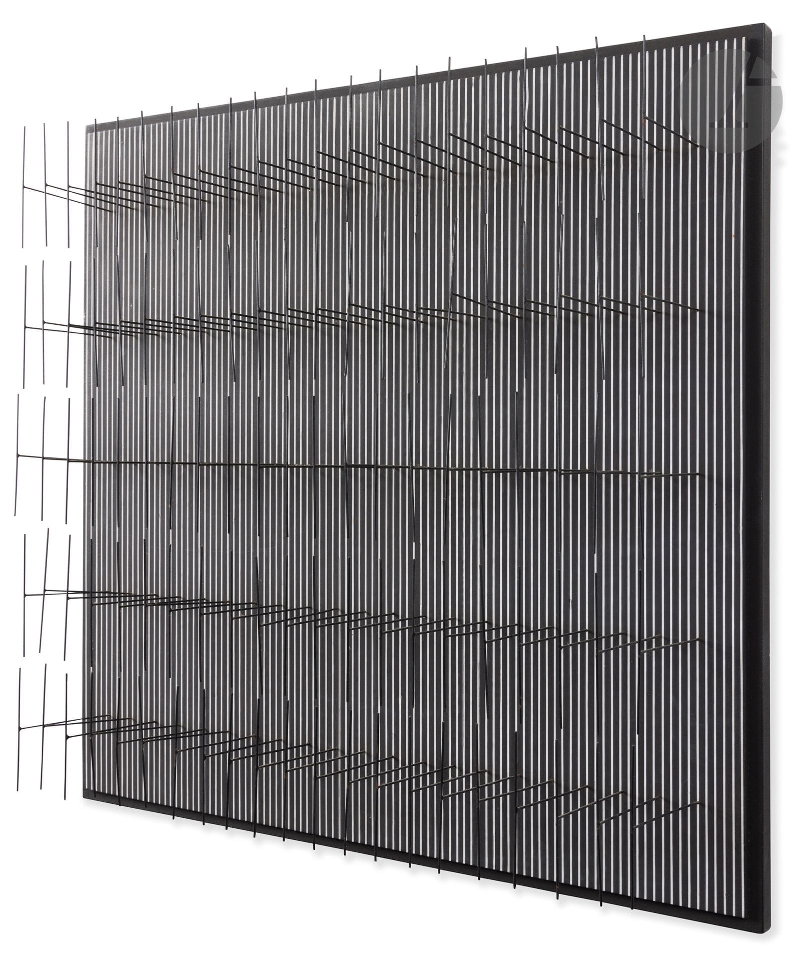 Jesús-Rafael SOTO [Venezuelan] (1923-2005)
Tès todo negro, 1976
Acrylic on panel and lacquered metal rods.
Signed, dated and titled on back.
60 x 60 x 12.5 cm
 
Provenance : 
Gaston Diehl Collection. By descent.

Exhibition:
Gaston Diehl (1912-1999), Un homme, une empreinte, Venezuela Art Promotion, Fondation National des Arts Graphiques et Plastiques, Hôtel Salomon de Rothschild, Paris, December 24 - 31, 2000.