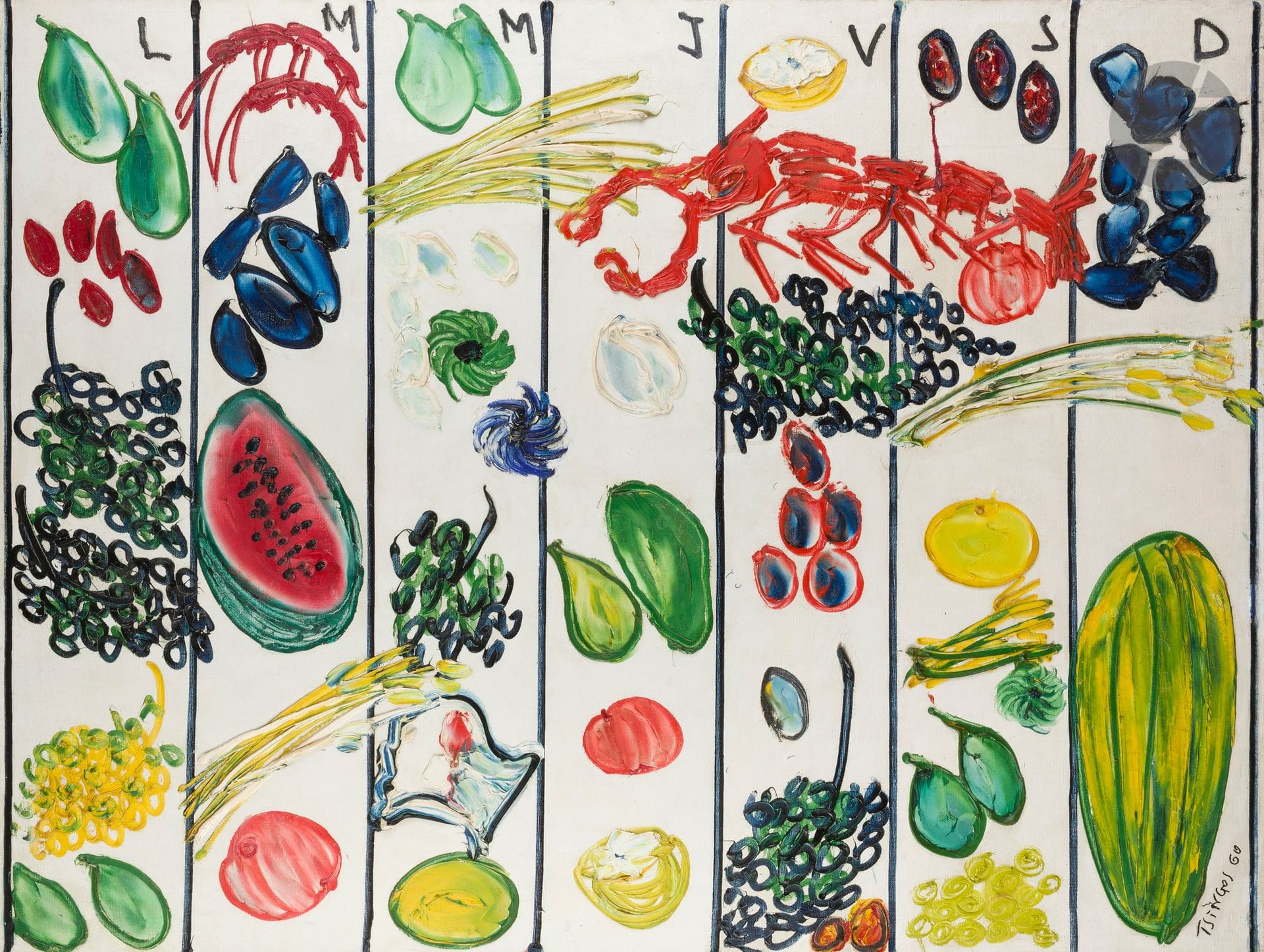 Thanos TSINGOS [Greek] (1914-1965)
Fruits, vegetables and crayfish, 1960
Oil on canvas.
Signed lower left.
(Minor restorations).
130 x 97 cm

Provenance : 
Private collection, Paris 6e.