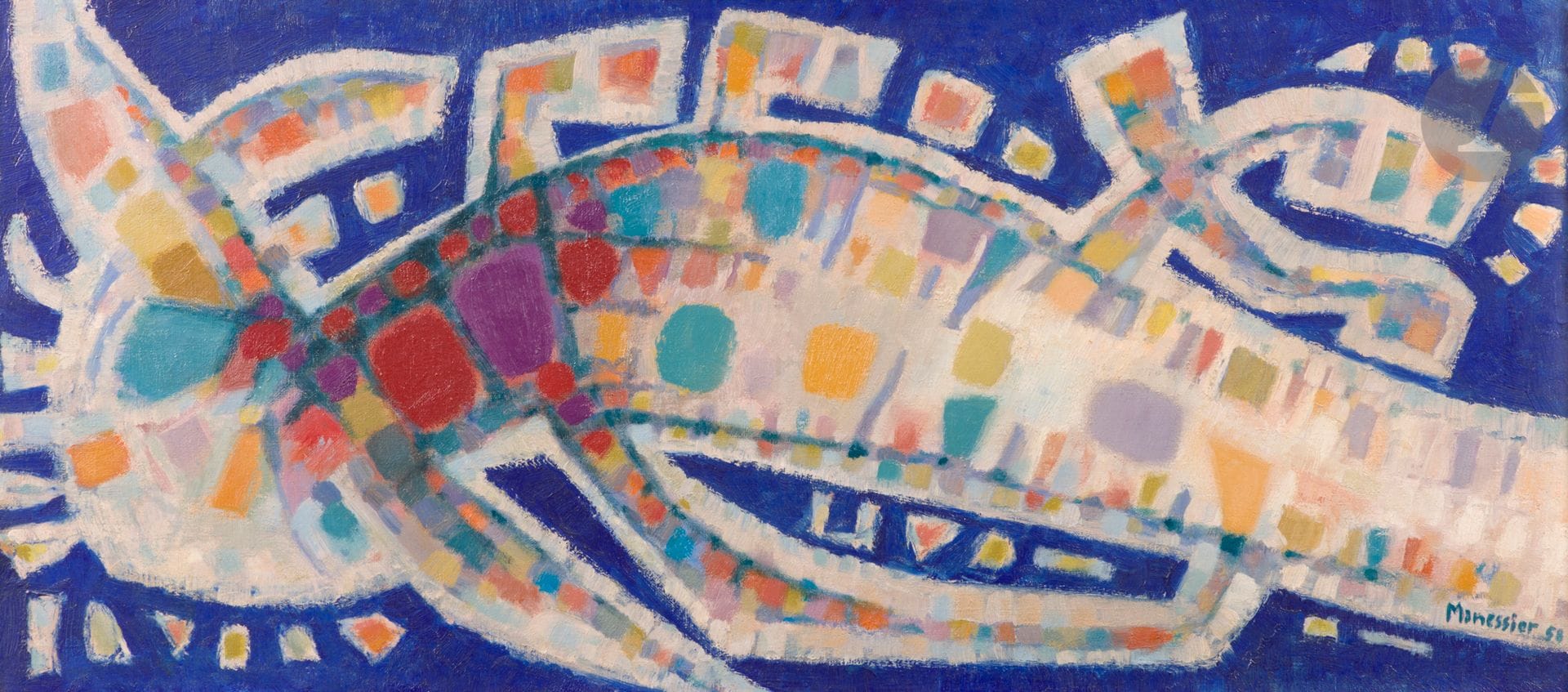 Alfred MANESSIER (1911-1993)
Presqu’île, 1958
Huile sur toile.
Signée et datée en bas à droite.
Titrée et dédicacée « A Diehl » au dos sur le châssis.
58 x 130 cm

Provenance : 
Collection Gaston Diehl, acquis directement auprès de l’artiste. Par descendance.

Bibliographie : 
Vie protestante, 15 mars 1974, en illustration d’un article intitulé : Exposition Manessier à Neuchâtel. 

Nous remercions Madame Christine Manessier d’avoir confirmé l’authenticité de cette œuvre et pour les informations qu’elle nous a transmises.