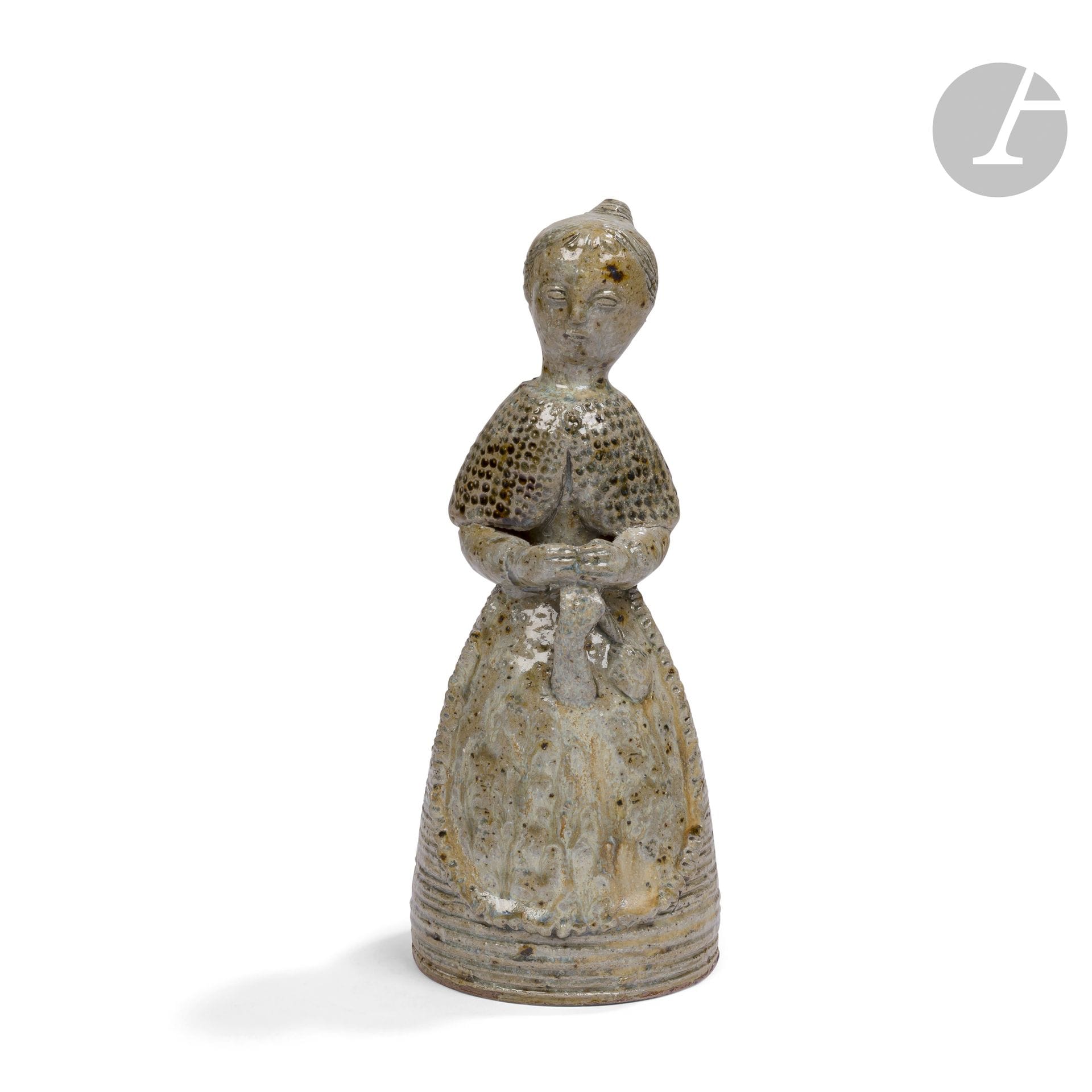 JEAN LERAT (1913-1992)
Woman knitting
Sculpture.
Stoneware proof, ash glaze; fired in the Beyer kiln at La Borne.
Mid-1940s.
Signed J. LERAT towards the base. 
Height: 26.5cm

Important notice:
This work will be included in the catalog raisonné of the work of Jean and Jacqueline Lerat currently in preparation.