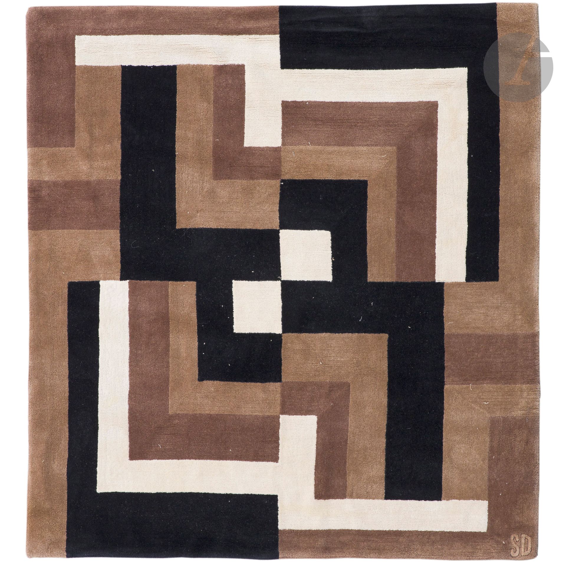 SONIA DELAUNAY (1885-1979)
1925, le carton designed around [1967-1968] after an Art Deco project.
Tufted carpet.
Colored wools.
From an Artcurial edition initiated in 1977 and reputedly limited.
Monogrammed S.D. in the weft in one corner.
205 x 205cm

Provenance:
Private collection, Neuilly-sur-Seine.

Bibliography: 
Jacques Damase et al, Michel Hoog (preface) - Sonia Delaunay, Rythmes et couleurs - Éditions Hermann, Paris,1971. Identical model reproduced on page 399.