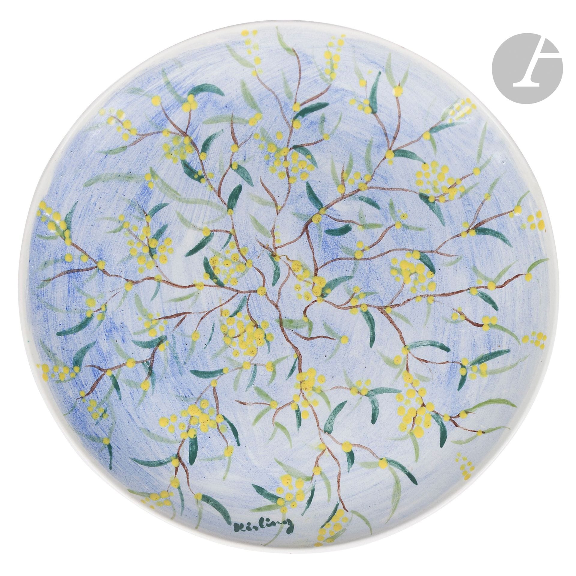 MOÏSE KISLING (1891-1953) PAINTER & JOSEP LLORENS ARTIGAS (1892-1980) CERAMIST
Mimosa, November 3, 1938
Large circular bowl with raised rim.
Glazed ceramic proof; the title decoration treated in polychrome on a combed blue ground.
Circa 1907.
Minor restoration to the rim.
Signed KISLING on the obverse, bears the hand-painted enamel stamp 3-XI-38 ARTIGAS and the number 4 on the reverse.
Diameter: 35cm

Bibliography:
Jean Dutourd (text by) - Kisling 1891-1953 ; tome III - Éditions Jean Kisling, Turin, 1995. Our work reproduced on page 256 and referenced under number 152.