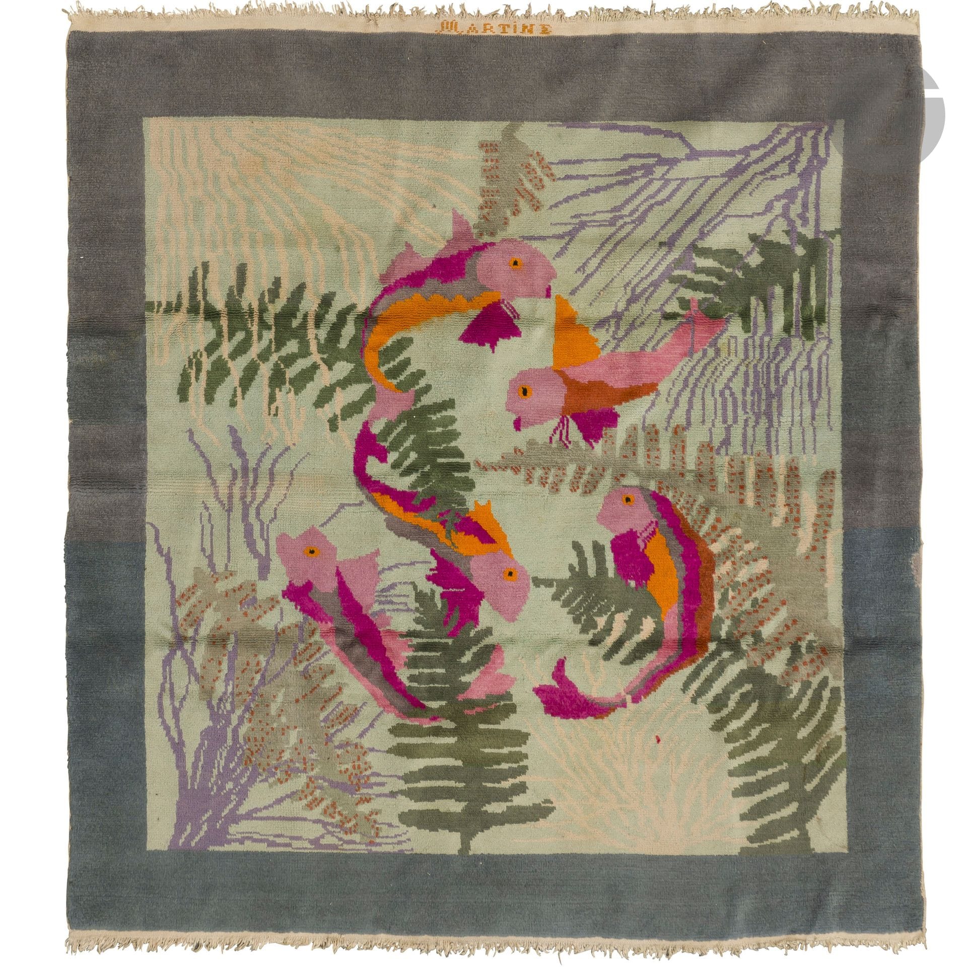 ATELIER MARTINE – FONDÉ PAR PAUL POIRET (1879-1944)
Faune et flore aquatiques, vers 1924-1925
Tapis.
Laines de couleur.
Une petite restauration en bordure.
Marqué MARTINE au point sur une bordure de trame.
195 x 183cm

À noter:
Le motif de notre tapis est à rapprocher d’une maquette à la gouache pour le décor «Aquarium» d’un salon d’essayage de la Maison Poiret (cf. La Création en liberté: univers de Denise et Paul Poiret 1905-1928 – Vente Piasa, Hôtel Drouot, le 10 mai 2005. Projet à la gouache présenté sous le numéro 55 du catalogue).

Bibliographie et œuvre en rapport:
Jean Babovici - Intérieurs français – Éditions Albert Morancé, Paris, 1925. Des modèles de tapis de Martine à rapprocher de notre œuvre reproduits planches 3 et 11.