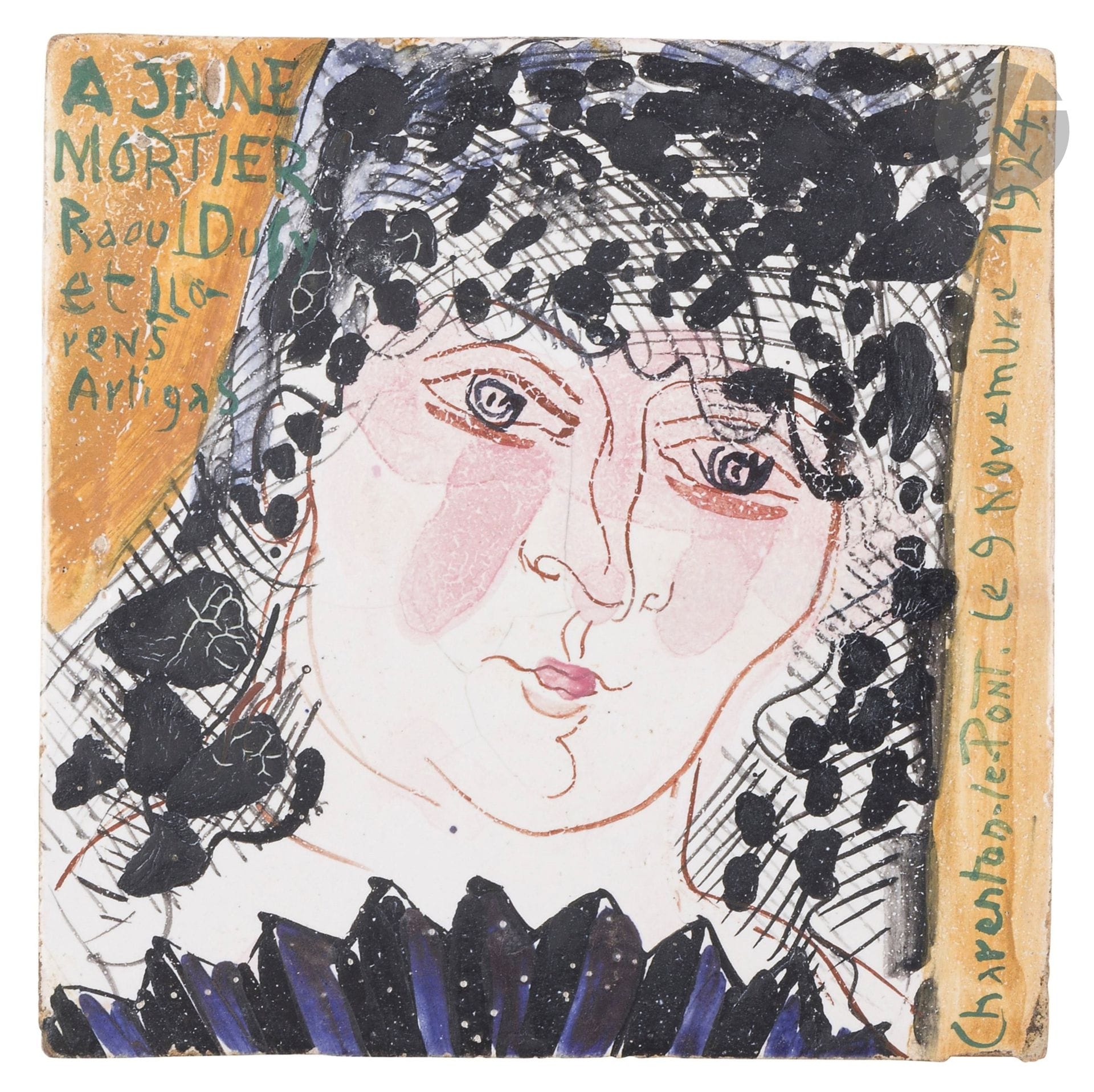 RAOUL DUFY (1877-1953) PAINTER &amp; JOSEP LLORENS ARTIGAS (1892-1980) CERAMIST
Jane Mortier, November 9, 1924
Portrait of the pianist.
Polychrome glazed ceramic tile.
Marked À Jane MORTIER, Raoul DUFY et Llorens ARTIGAS in the decor at upper left and located and dated Charenton-le-Pont. November 9, 1924 in the right-hand background.
14 x 14cm

Bibliography and related works:
- Pierre Courthion - Llorens Artigas - Société Française du Livre, Paris, 1979. A tile of the same type as our work, featuring Pierrette Gargallo's portrait and dated 1925, is reproduced on page 23.
- Collectif - De la couleur et du feu - Catalogue de l'exposition éponyme organisée au musée de la Faïence, Château Pastré, Marseille, du 23 juin au 3 septembre 2000, Éditions Musées de Marseille/Réunion des Musées Nationaux, Marseille, Paris, 2000. Collaborative works by Raoul Dufy and Llorens Artigas reproduced on pages 60 and 61 under catalog numbers 077 and 079.
- Collective - Céramique d'artiste; Derain, Dufy, Matisse, Miró, Picasso ... - Catalogue of the eponymous exhibition held at the Musée d'Art Moderne, Troyes, from July 10 to December 2, 2012, Éditions Silvana Editoriale, Milan, 2012. Collaborative works between Raoul Dufy and André Metthey reproduced on pages 101 to 112.
