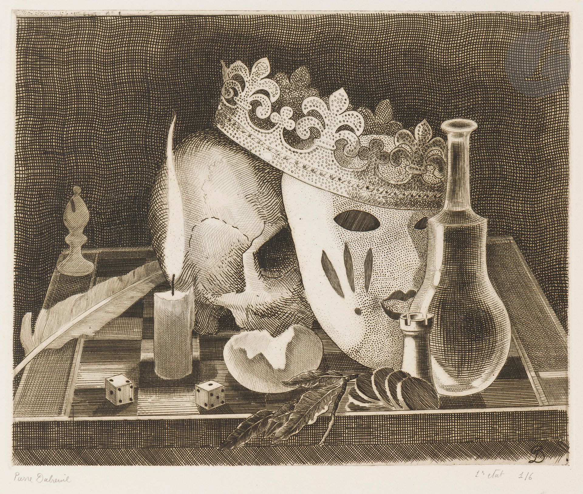 Pierre Dubreuil (1891-1970) 
Nature morte allégorique : la vie et la mort. 1943. Burin. 295 x 235. Très belle épreuve sur vélin crème, signée, annotée « 1er état 1/6 » puis « Bon à tirer 21 Xbre 43 » et resignée au crayon, puis titrée en pied. Toutes marges.