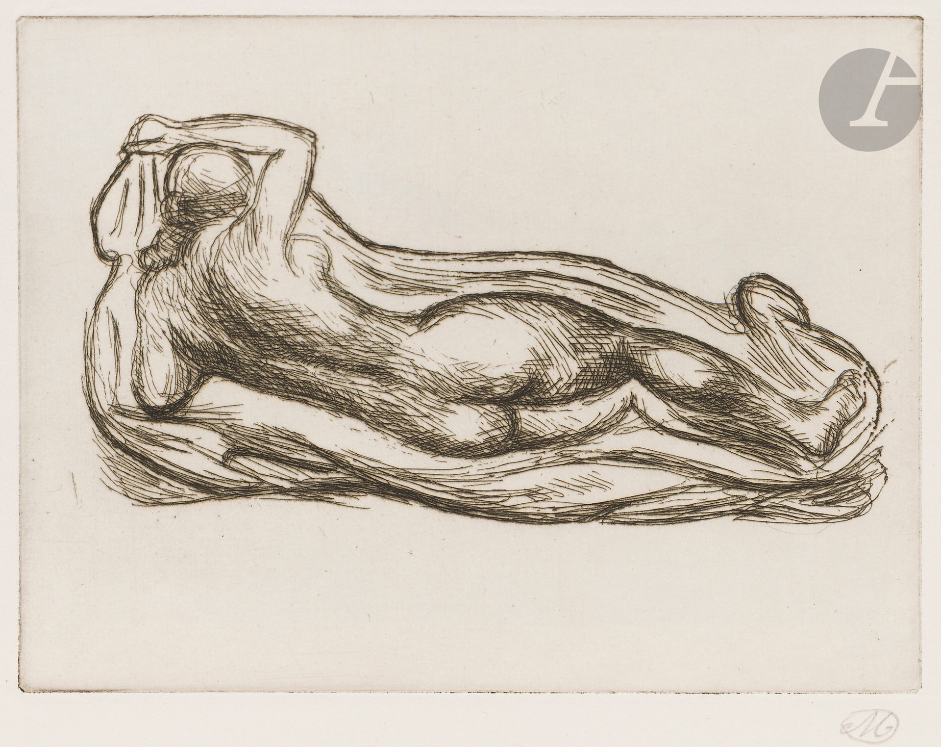 Aristide Maillol (1861-1944) 
Femme étendue à la draperie (petite planche). 1926. Eau-forte. 203 x 134. Guérin 323. Parfaite épreuve sur vélin blanc, numérotée et signée du monogramme au crayon. Toutes marges. Tirage à 75 épreuves. Timbre sec : H. Petiet éditeur Paris (Lugt 2021a).