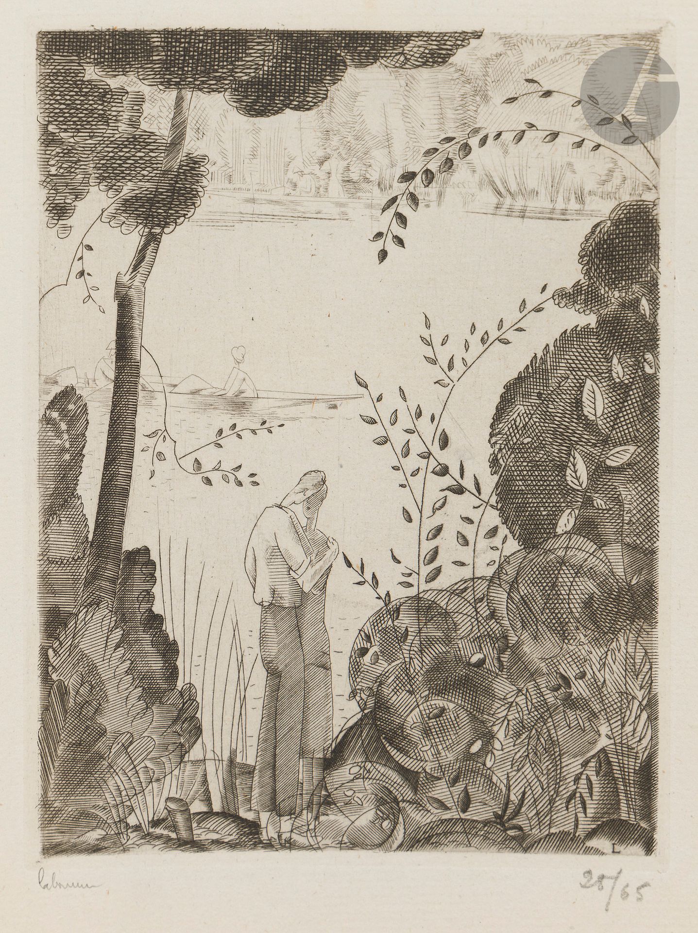 Jean-Émile Laboureur (1877-1943) 
Les Amoureux du bord de l’eau. 1925. Burin. 113 x 152. Laboureur 311. Très belle épreuve sur vergé ancien mince, signée et numérotée au crayon. Toutes marges. Tirage à 65 épreuves. Timbre sec : H. Petiet éditeur Paris (Lugt 2021a).