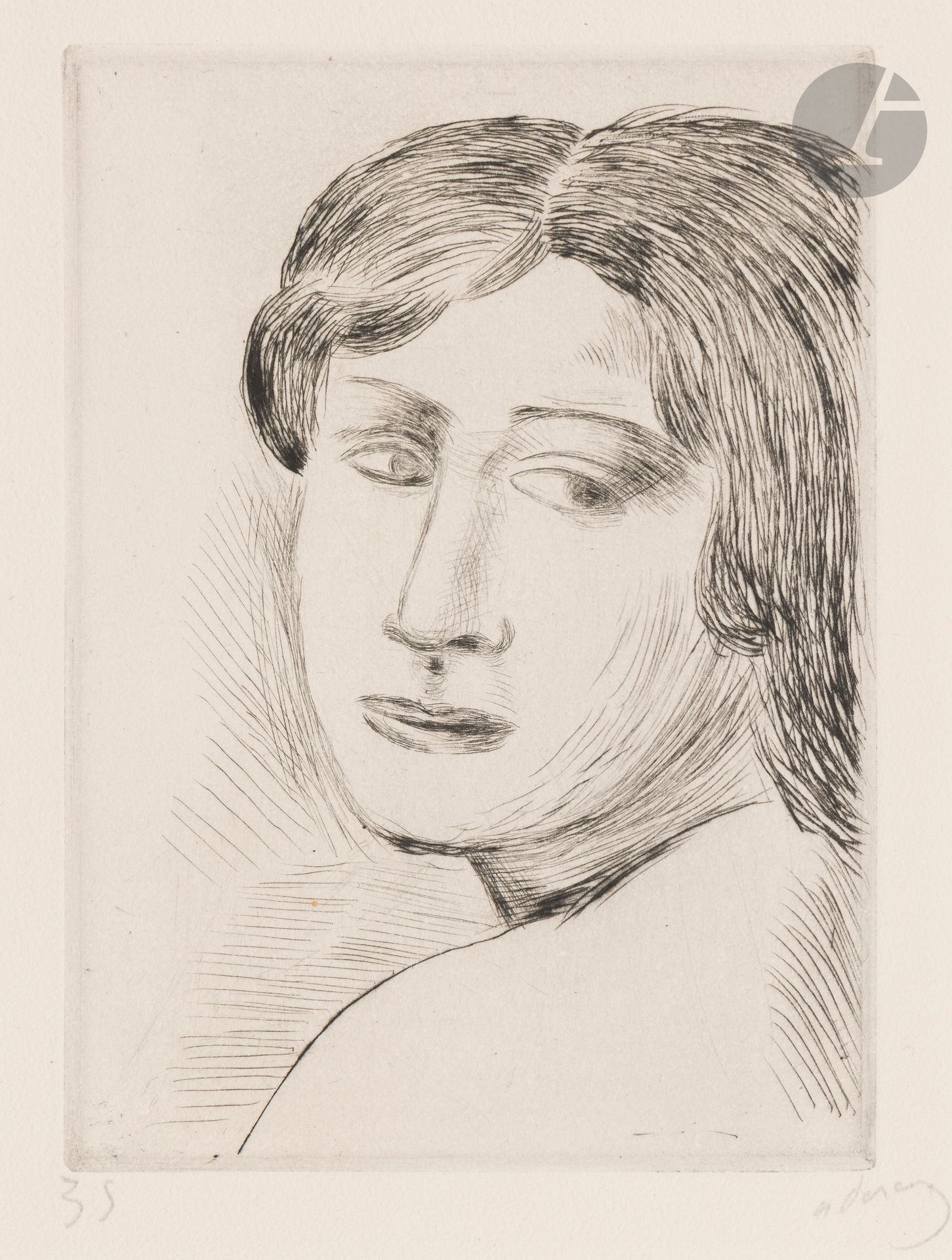 André Derain (1880-1954) 
Head of a brunette woman, medium-length hair, sideways. 1920. Drypoint. 125 x175. Very fine proof on ivory vellum, numbered and signed in pencil. All margins. Edition of 50 proofs. Published by Galerie Simon.