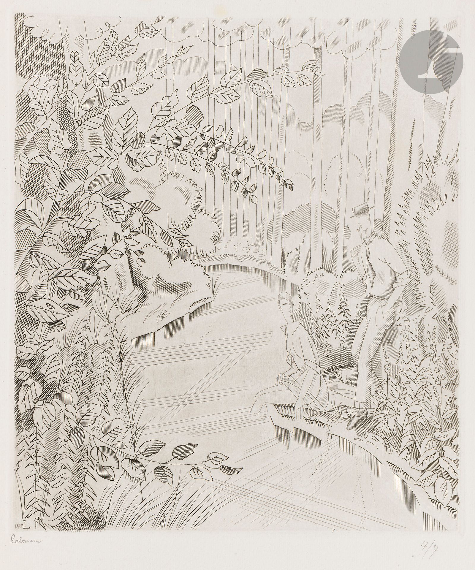 Jean-Émile Laboureur (1877-1943) 
Le Ruisseau sous bois. 1927. Burin. 190 x 220. Laboureur 353. Très belle épreuve sur vélin blanc, signée et numérotée au crayon. Toutes marges. Tirage estimé à 95 épreuves. Timbre sec : Jacquart éditeur Paris (Lugt non décrit).