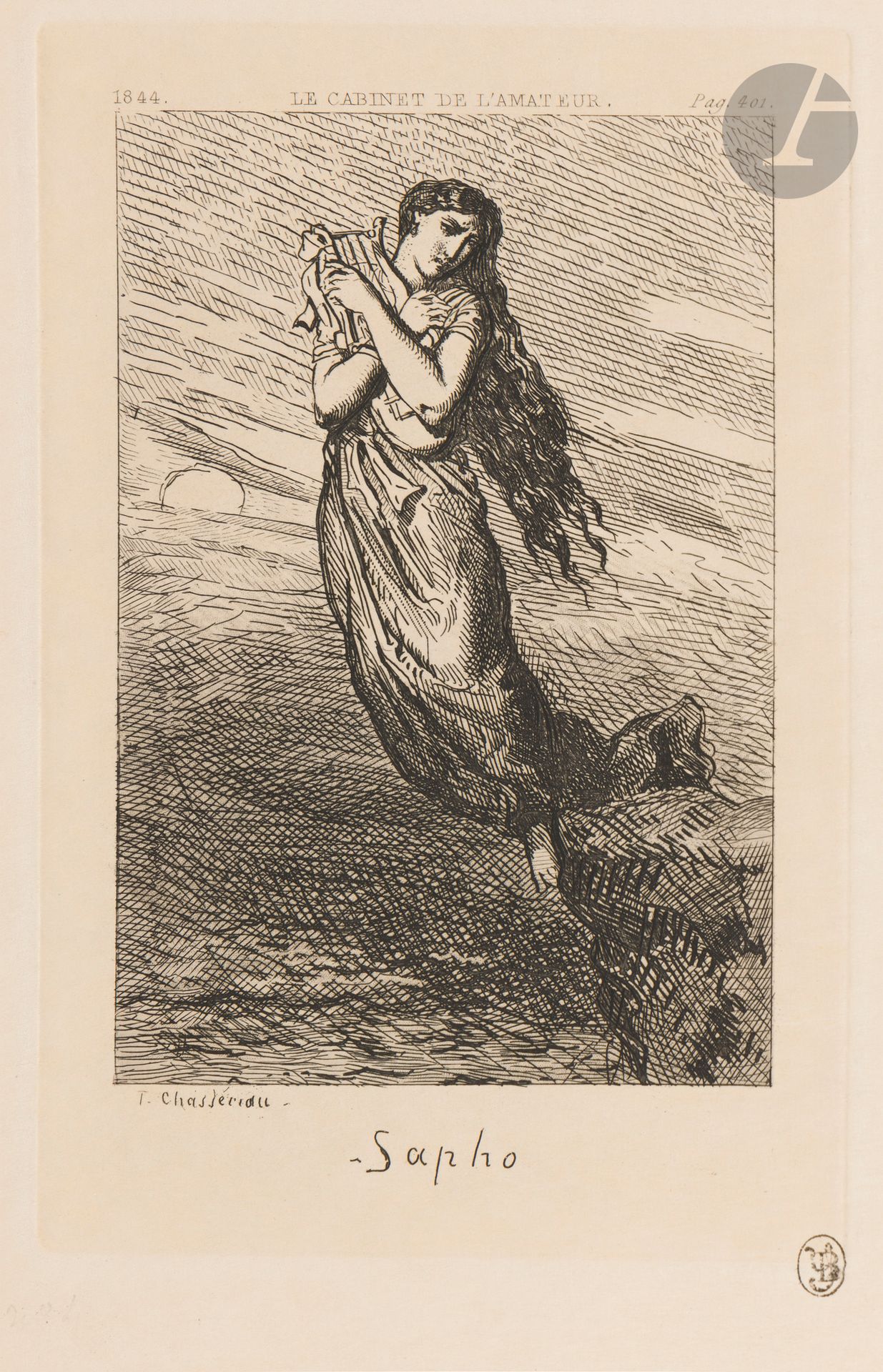 Théodore Chassériau (1819-1856) 
Sapho. 1844. Eau-forte. 110 x 163. I.F.F. 4. Parfaite épreuve sur simili-japon, à grandes marges. Ex-coll. A. Beurdeley (Lugt 421).