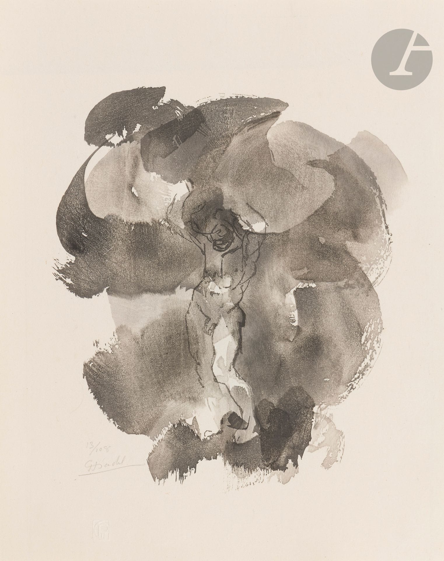 Jules Chadel (1870-1941) 
Atlas. 1937. Bois gravé. 210 x 245. I.F.F. 37. Parfaite épreuve tirée en camaïeu sur japon, numérotée et signée au crayon. Toutes marges. Tirage à 108 épreuves. Timbre sec : Société des Peintres-Graveurs Français (Lugt 1195a).