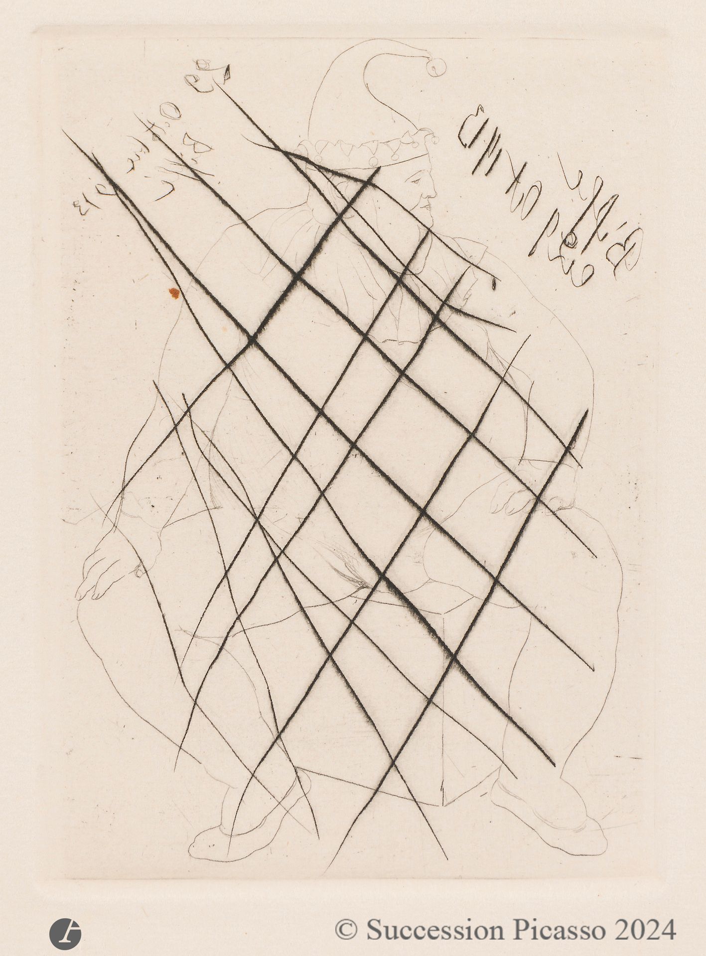 Pablo Picasso (1881-1973) 
Le Saltimbanque au repos. (Pl. de la série des Saltimbanques). 1905. Pointe sèche. 87 x 121. Bloch 10 ; Geiser-Baer 12. Parfaite épreuve tirée du cuivre biffé sur vélin fort ivoire filigrané « Van Gelder Zonen », avec la mention gravée à rebours à la pointe dans l’angle supérieur gauche : « 29 Octobre 1913 biffé » et dans l’angle supérieur droit : « Biffé le 29 Oct. 1913 ». Toutes marges.