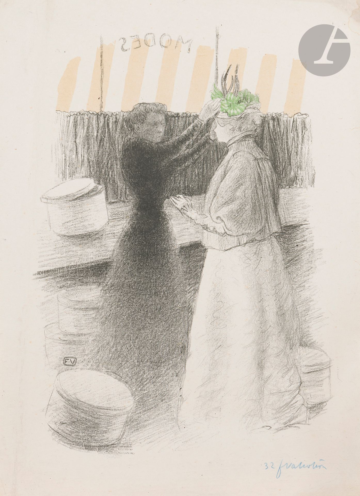 Félix Vallotton (1865-1925) 
Le Chapeau vert (Pl. for the collective album Études de femmes). 1896. Lithograph. 260 x 390. Vallotton and Goerg 54. Very fine proof on chine volant, signed and numbered in blue pencil. Small halo of moisture in the upper right corner. Slight dusting and traces of folds at the edges of the sheet, including a long median oblique fold in the left margin. Full margins. Edition of 100 proofs.