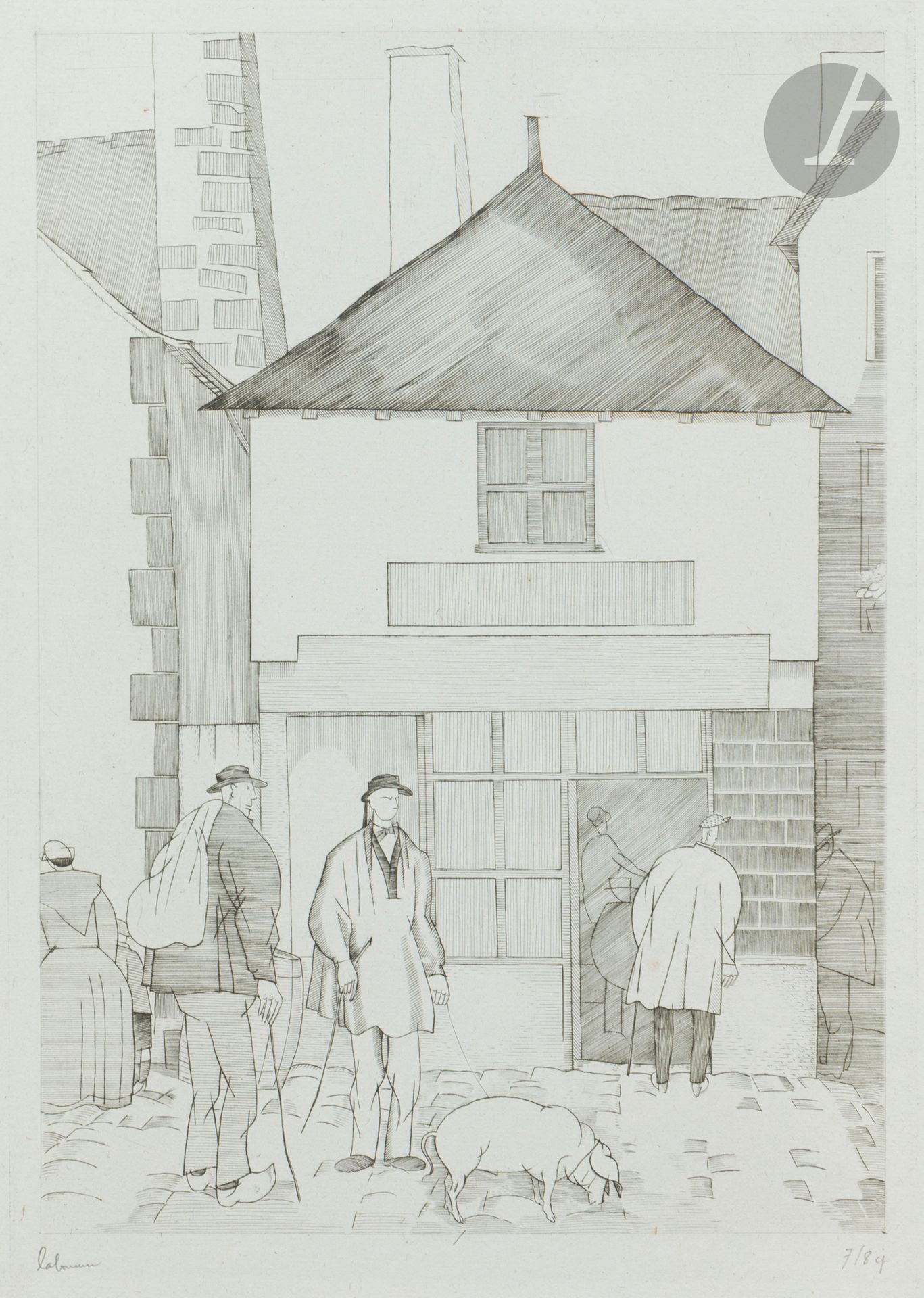 Jean-Émile Laboureur (1877-1943) 
Le Jour du marché. 1930. Burin. 198 x 278. Laboureur 430. Très belle épreuve sur vergé ancien azuré, l’une des 8 du 1er état (sur 3), avant le mot « buvette » au fronton de la maison, signée et numérotée au crayon. Toutes marges. Tirage définitif à 60 épreuves.