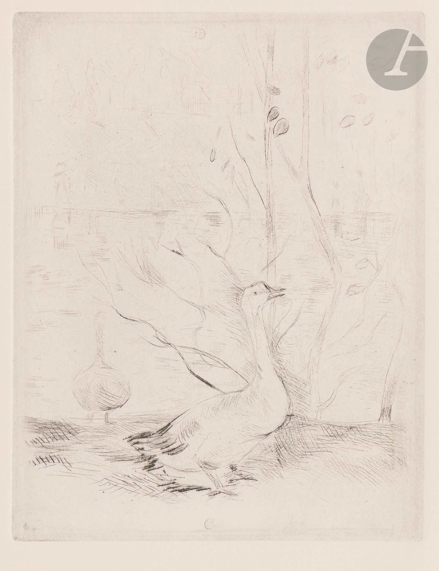 Berthe Morisot (1841-1895) 
Oies au bord de l’étang. 1889. Pointe sèche. 116 x 150. Très belle épreuve sur vélin ivoire, du tirage posthume effectué sur le cuivre percé. Toutes marges.