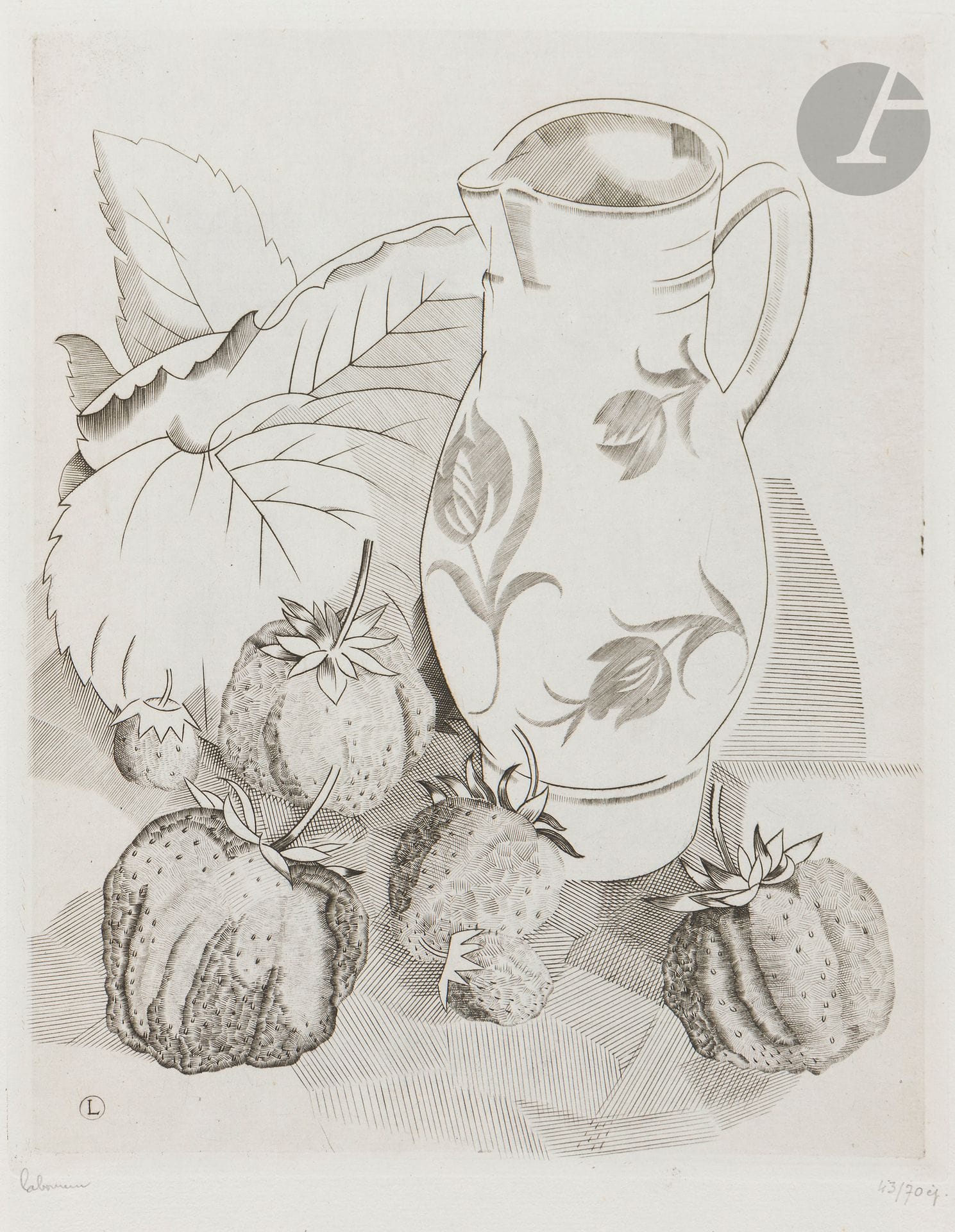 Jean-Émile Laboureur (1877-1943) 
The Strawberries. 1924. Burin. 158 x 198. Laboureur 286. Very fine proof on thin old laid paper, signed and numbered in pencil. Full margins. Edition of 70 proofs. Dry stamp: H. Petiet éditeur Paris (Lugt 2021a).
