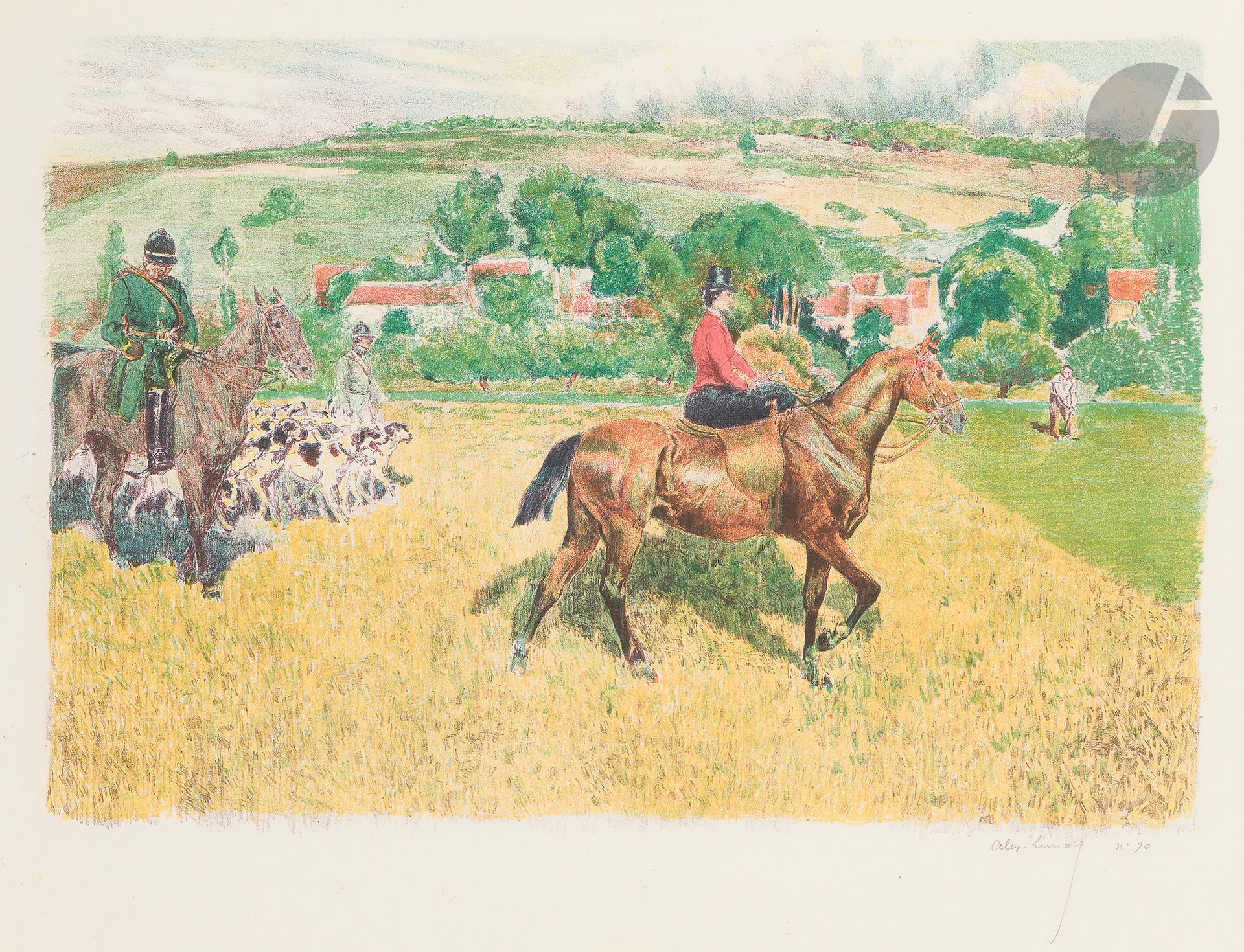 Alexandre Lunois (1963-1916) 
Départ pour la Chasse à courre. 1897. Lithographie. 430 x 295. I.F.F. non décrit ; Johnson 73. Impression en couleurs. Parfaite épreuve sur vélin blanc mince, signée et numérotée au crayon. Toutes marges. Tirage à 100 épreuves pour l’Album d’estampes originales de la Galerie Vollard. Ex-coll. H. M. Petiet (Lugt 5031).