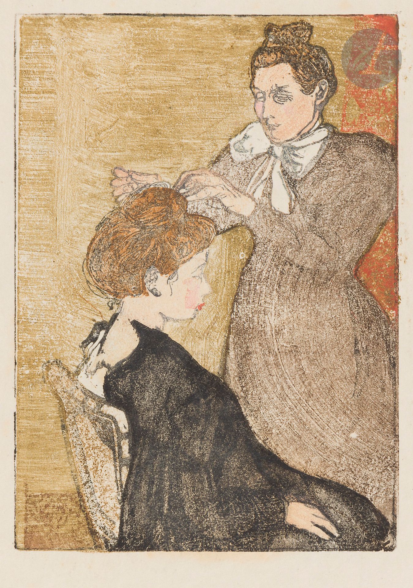 Maurice Delcourt (1877-1916) 
La Coiffure. 1899. Bois gravé. 99 x 138. I.F.F. 4. Impression en couleurs. Très belle épreuve sur japon, timbrée, et numérotée au crayon. Toutes marges. Tirage à 100 épreuves.