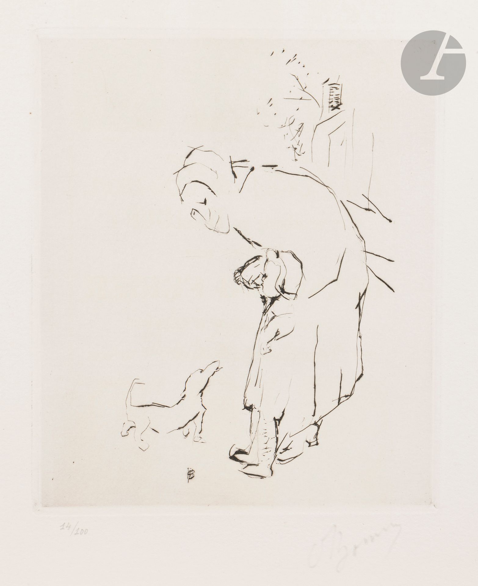 Pierre Bonnard (1867-1947) 
La Vieille femme, l’enfant et le basset. 1927. Pointe sèche. 160 x 190. Bouvet 104. Parfaite épreuve sur vélin blanc fort, numérotée et signée au crayon. Toutes marges. Tirage à 100 épreuves pour L’Art d’aujourd’hui. A. Morancé éd.