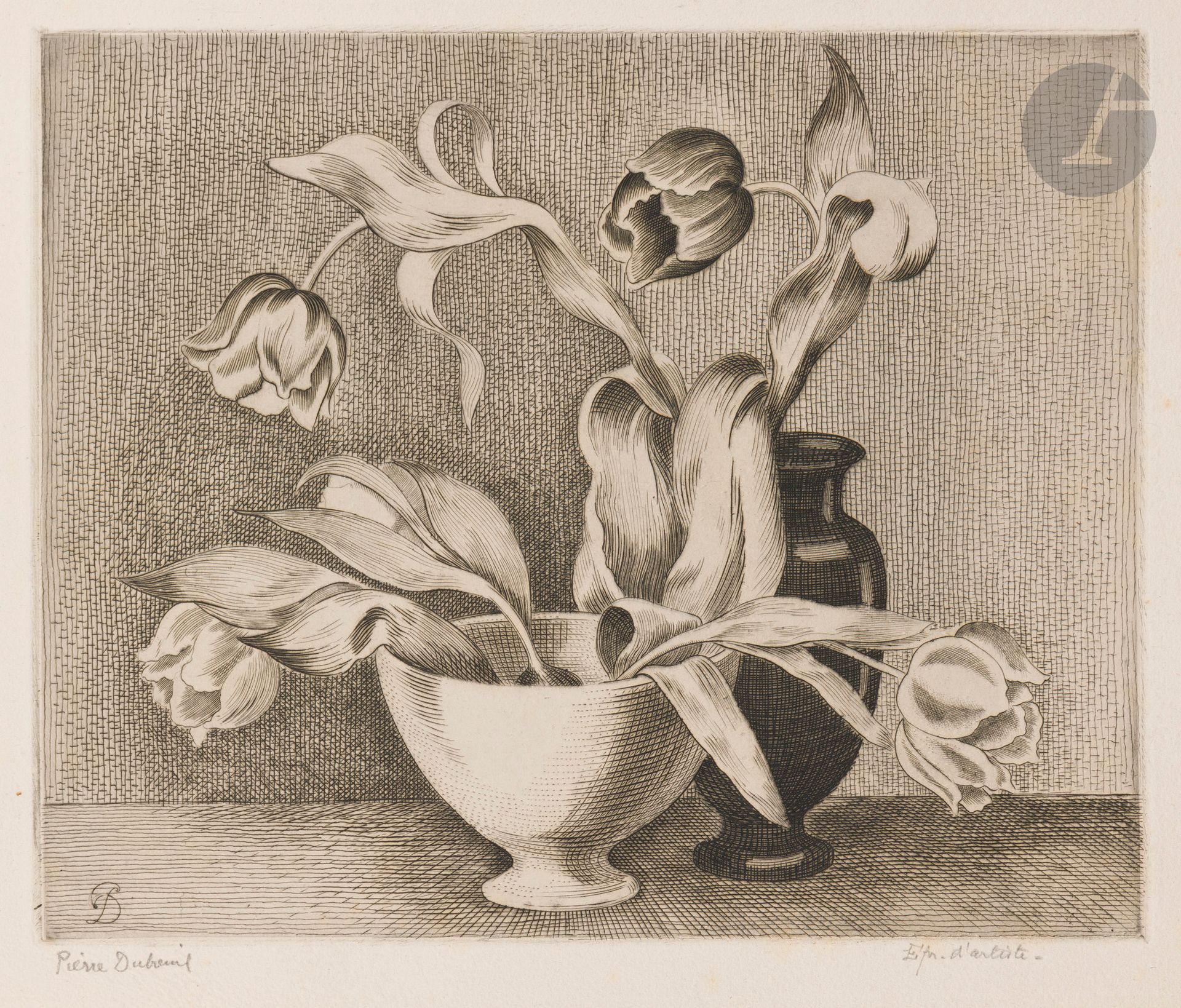 Pierre Dubreuil (1891-1970) 
Tulipes dans un bol. Vers 1943. Burin. 295 x 230. Très belle épreuve sur vélin crème, signée au crayon et annotée « Epreuve d’artiste ». Toutes marges.