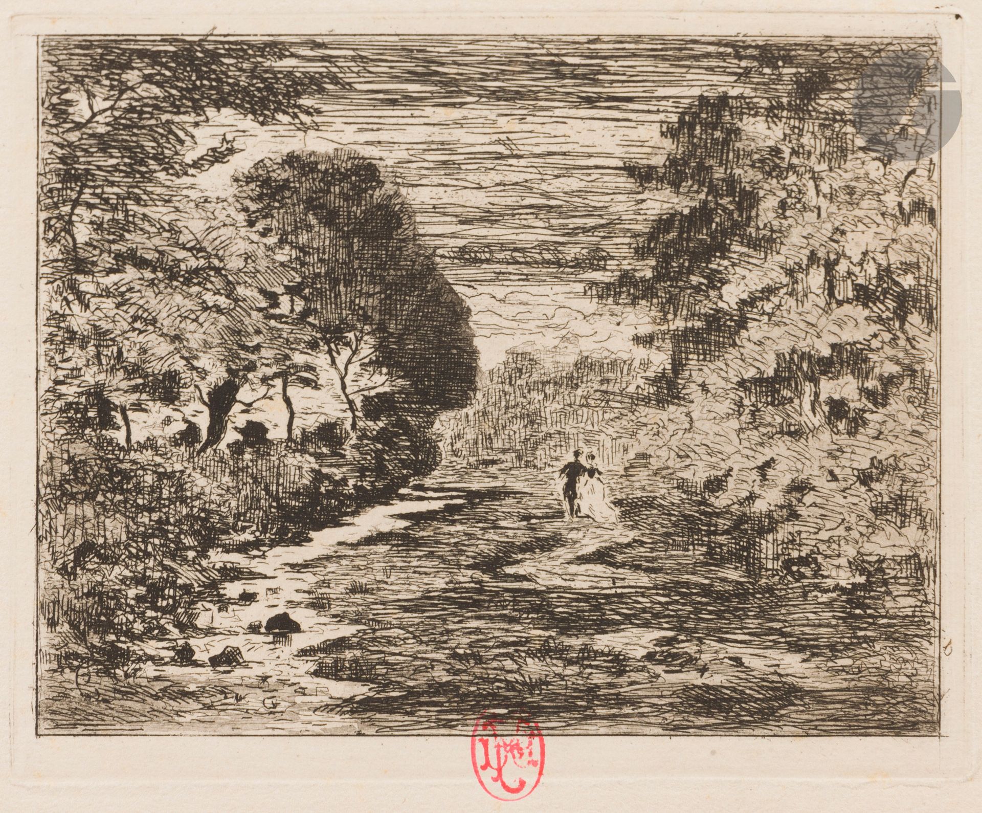 Félix Buhot (1847-1898) 
La Promenade. Eau-forte. 115 x 95. Bourcard, Goodfriend 44. Très belle épreuve sur vergé crème. Quelques rousseurs claires. Petit arrachement dans l’angle supérieur gauche. Toutes marges. Ex-coll. E. D. Forgues (Lugt 743a).