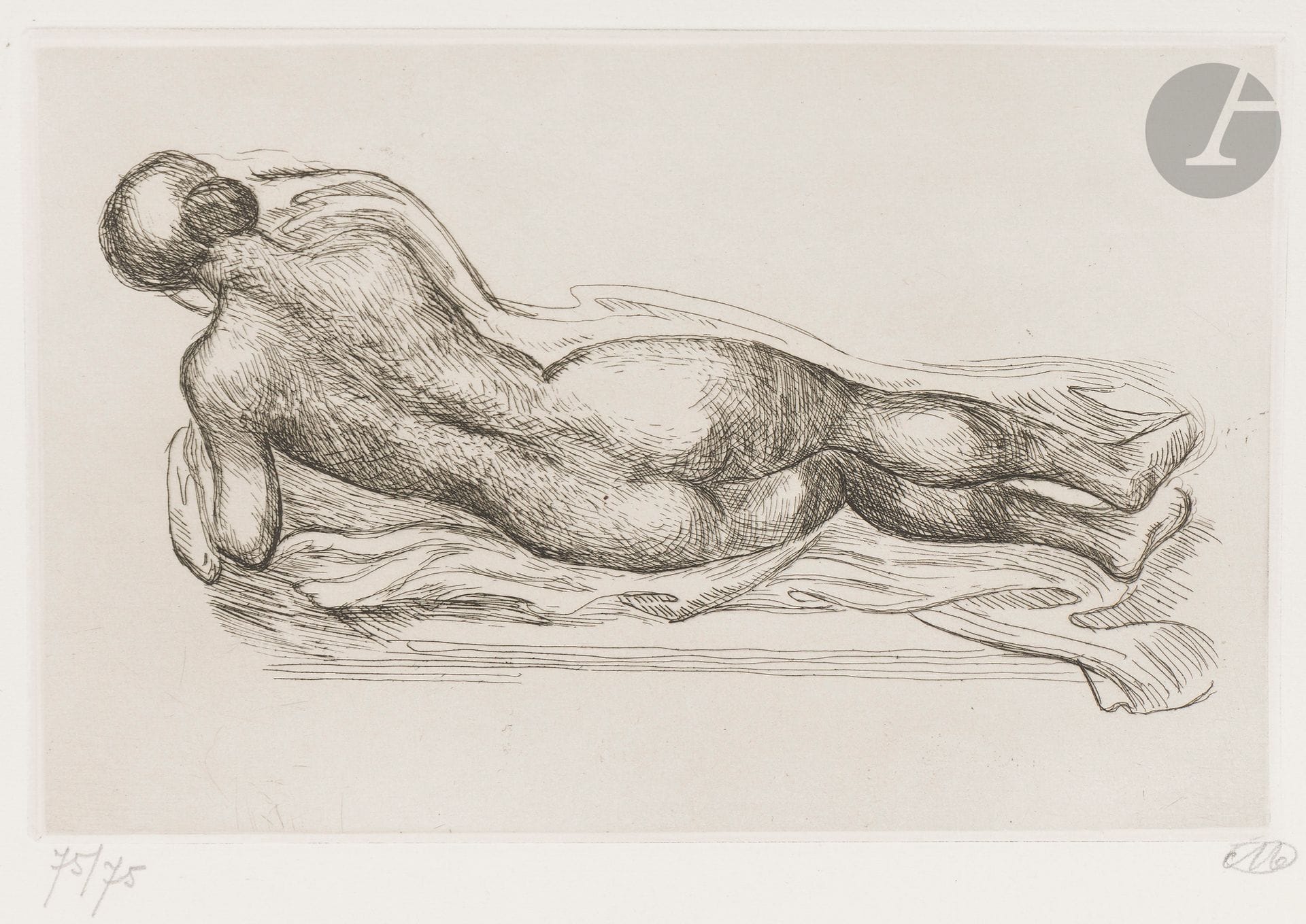 Aristide Maillol (1861-1944) 
Femme étendue à la draperie (grande planche). 1926. Eau-forte. 203 x 134. Guérin 324. Parfaite épreuve sur vélin blanc, numérotée et signée du monogramme au crayon. Toutes marges. Tirage à 75 épreuves. Timbre sec : H. Petiet éditeur Paris (Lugt 2021a).