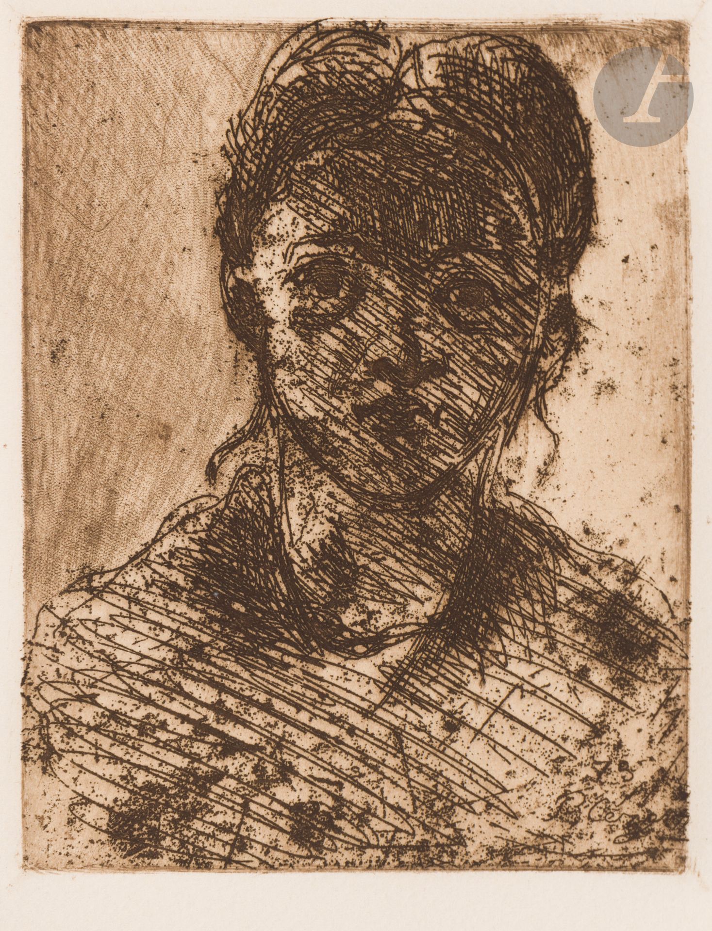 Paul Cézanne (1839-1906) 
Tête de jeune fille. 1873. Eau-forte et roulette. 103 x 128. Venturi 1160 ; I.F.F. 2. Très belle épreuve tirée en brun sur vélin blanc fort, du tirage en frontispice pour l’ouvrage d’A. Vollard, Paul Cézanne, 1914. Infime oxydation aux bords du feuillet. Quelques rousseurs en pied. Toutes marges.