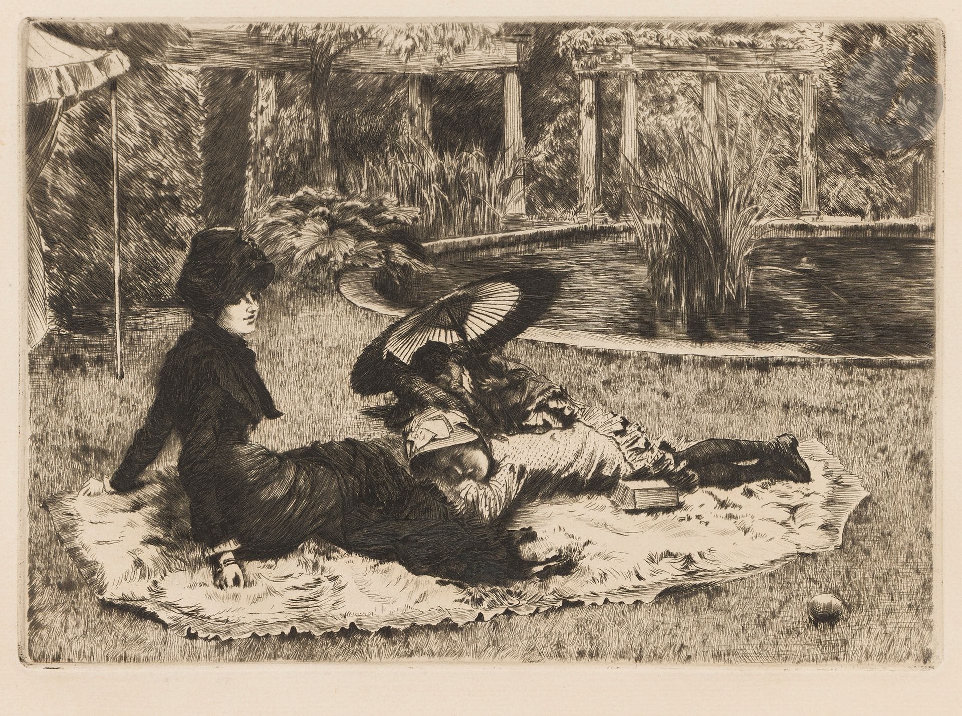 James-J.-J. Tissot (1836-1902)
On the grass. 1880. Etching and drypoint. 270 x 197. Wentworth 50. Fine proof on ivory laid paper, slightly oxidized. Light dusting and soiling to the edges of the folio. Full margins.