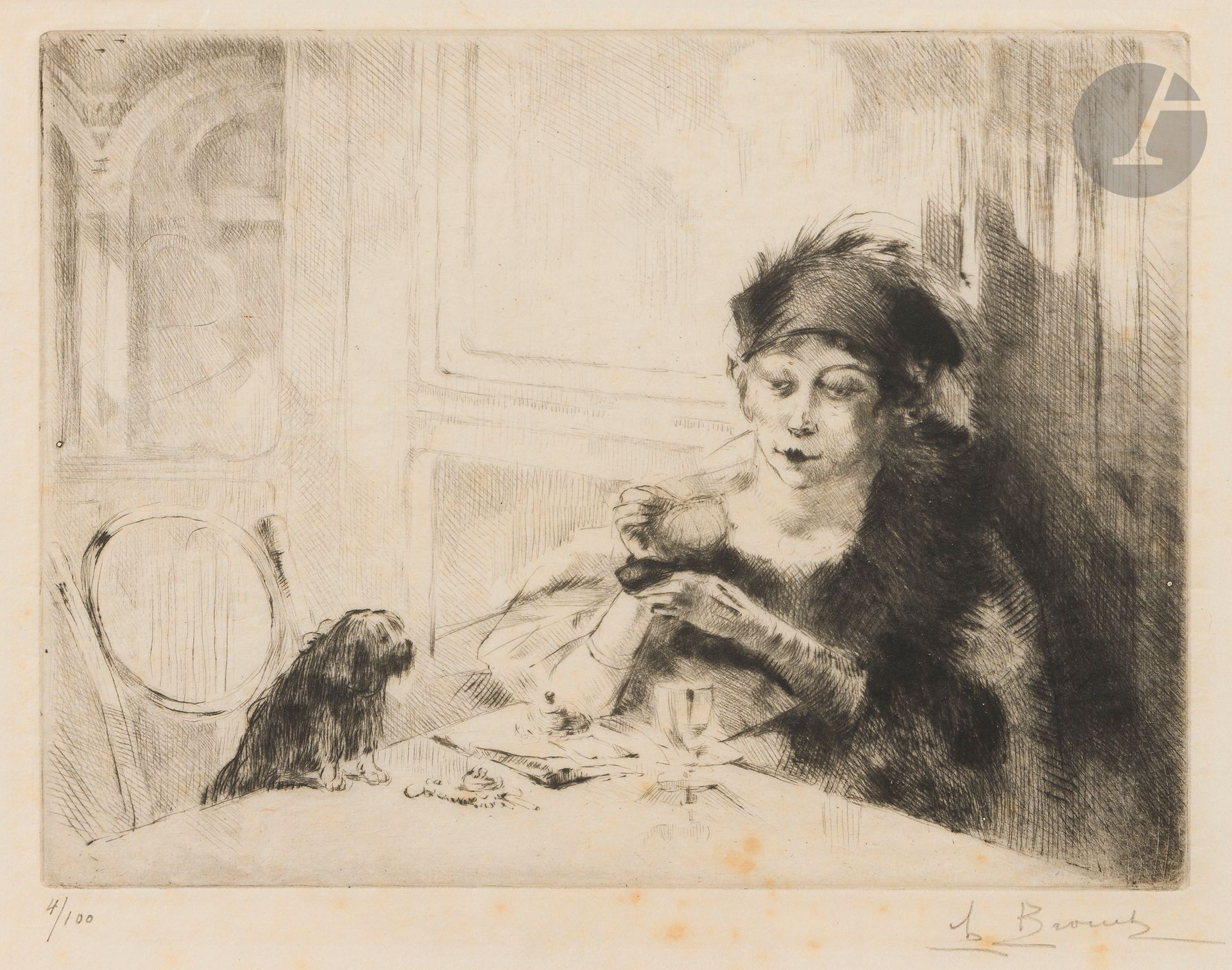 Auguste Brouet (1872-1941) 
La Femme au chien. 1921. Pointe sèche. 220 x 168. Boutitie 219 ; Barthel 202. Très belle épreuve sur japon vergé mince, avec les deux remarques, numérotée et signée au crayon. Toutes marges. Tirage à 25 épreuves. Timbre sec : H. Petiet éditeur Paris (Lugt 2021 a).