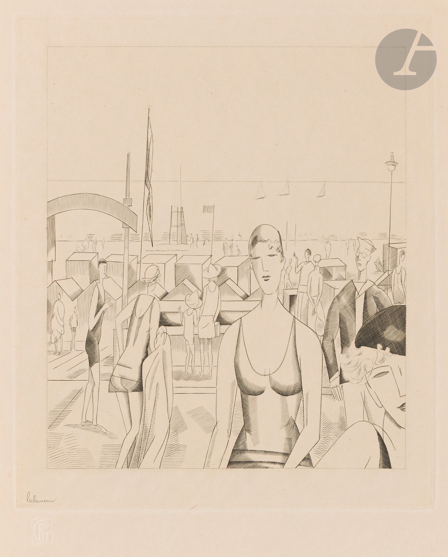 Jean-Émile Laboureur (1877-1943) 
L’Heure du bain. 1929. Burin. 200 x 230. Laboureur 374. Parfaite épreuve sur simili-japon ivoire, l’une des 6 avant le monogramme gravé, signée au crayon et annotée dans l’angle inférieur gauche du feuillet « 2me Etat ». Toutes marges. Tirage définitif à 108 épreuves. Timbre sec : Société des Peintres-Graveurs Français (Lugt 1195a).