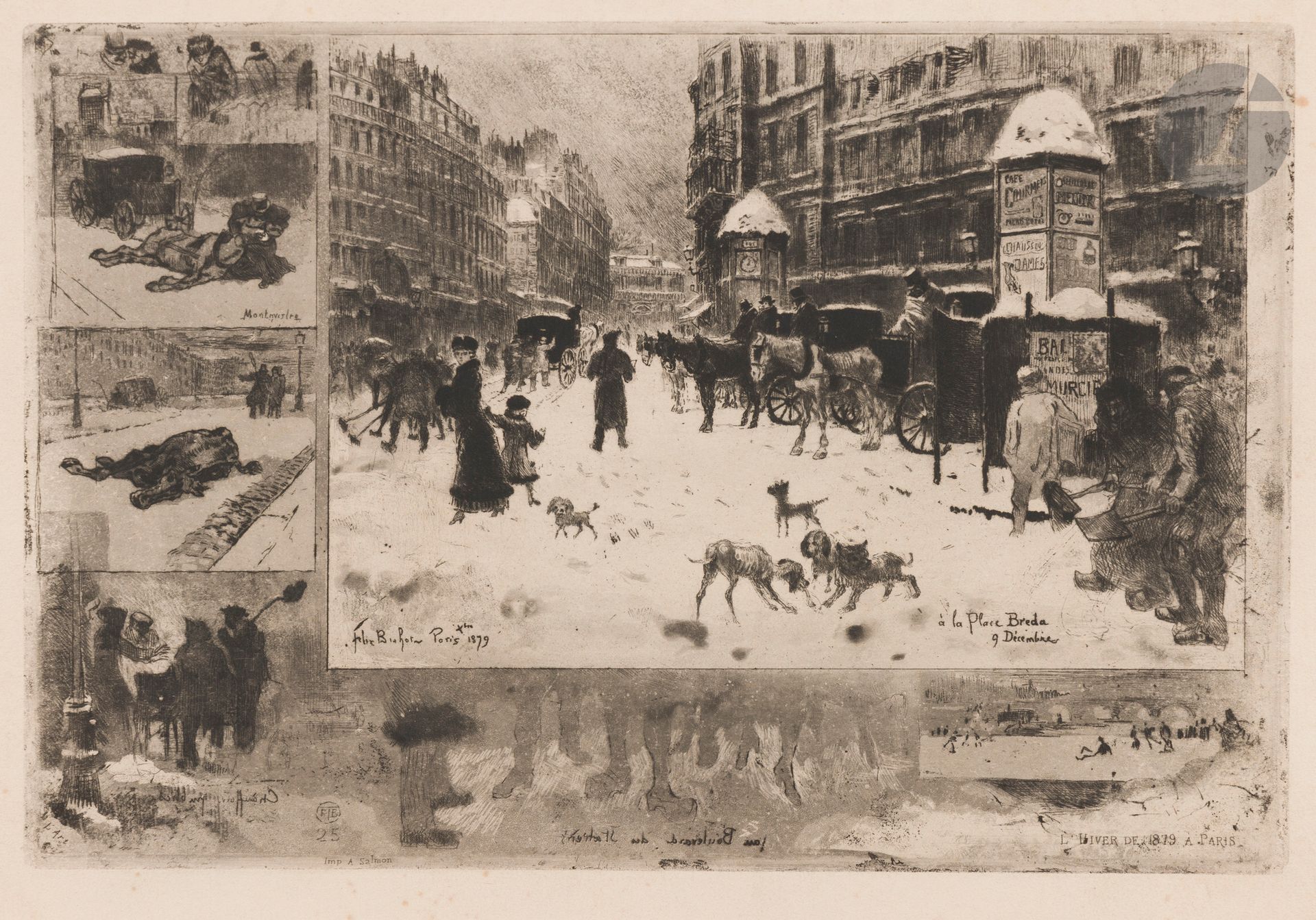 Félix Buhot (1847-1898) 
L’Hiver à Paris ou La Neige à Paris. 1879. Eau-forte, pointe sèche, roulette et aquatinte. 347 x 237. Bourcard, Goodfriend 128. Belle épreuve sur vergé, oxydée, du tirage de L’Art. Rousseurs claires éparses. Quelques fins courts plis cassés dans le sujet. Menus accidents aux bords du feuillet. Toutes marges.