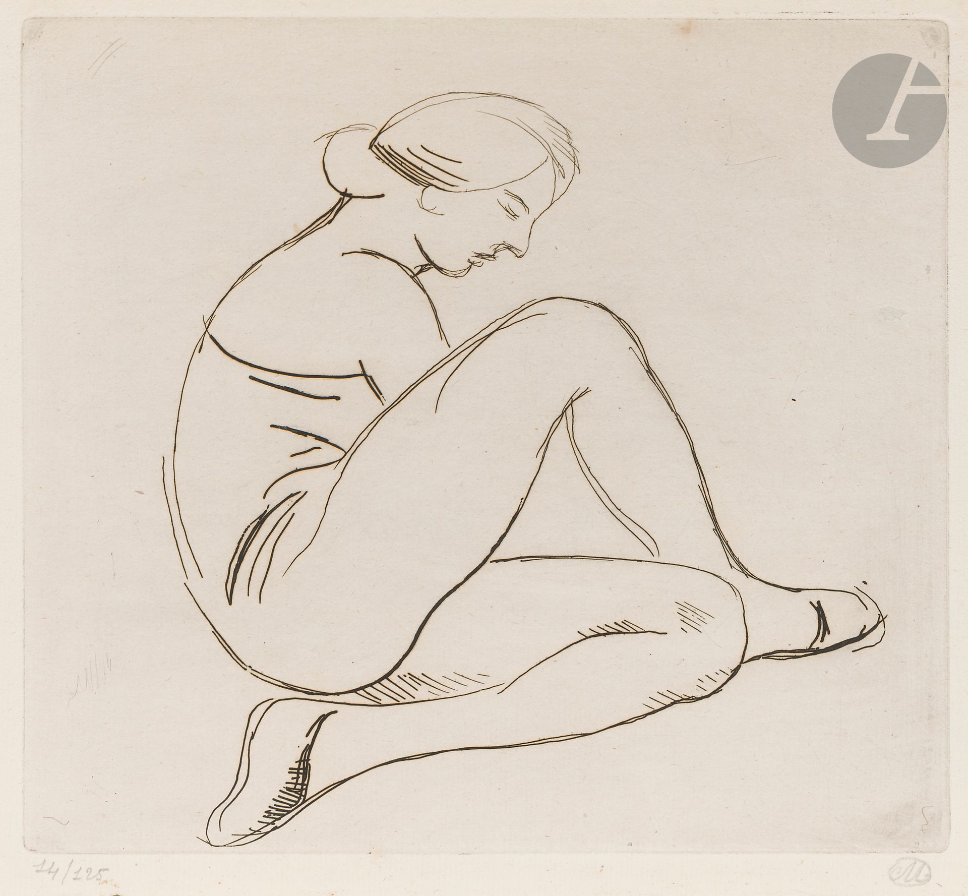 Aristide Maillol (1861-1944) 
Femme assise de profil, à droite, un genou plié, un genou relevé. 1926. Eau-forte. 241 x 225. Guérin 321. Très belle épreuve sur vergé ancien crème provenant d’un ancien registre (avec petite inscription à l’encre sépia au bord gauche vers le haut), numérotée et signée du monogramme au crayon. Petits arrachements (d’origine) dans les angles. Toutes marges. Tirage à 125 épreuves. Timbre sec : H. Petiet éditeur Paris (Lugt 2021a).