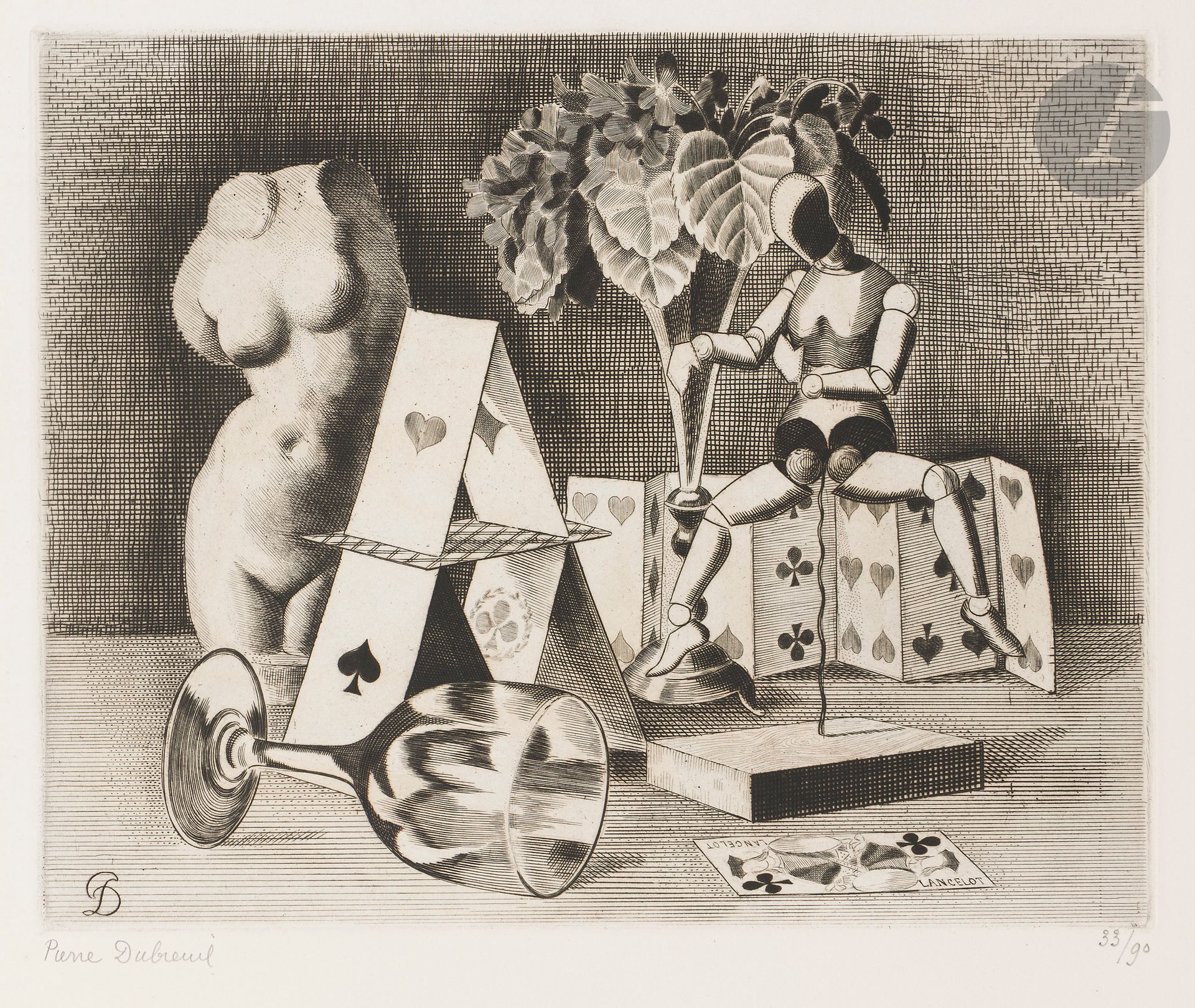 Pierre Dubreuil (1891-1970) 
Nature morte au jeu de cartes. Vers 1943. Burin. 295 x 230. Très belle épreuve sur vélin crème, signée et numérotée au crayon. Toutes marges. Tirage à 90 épreuves.