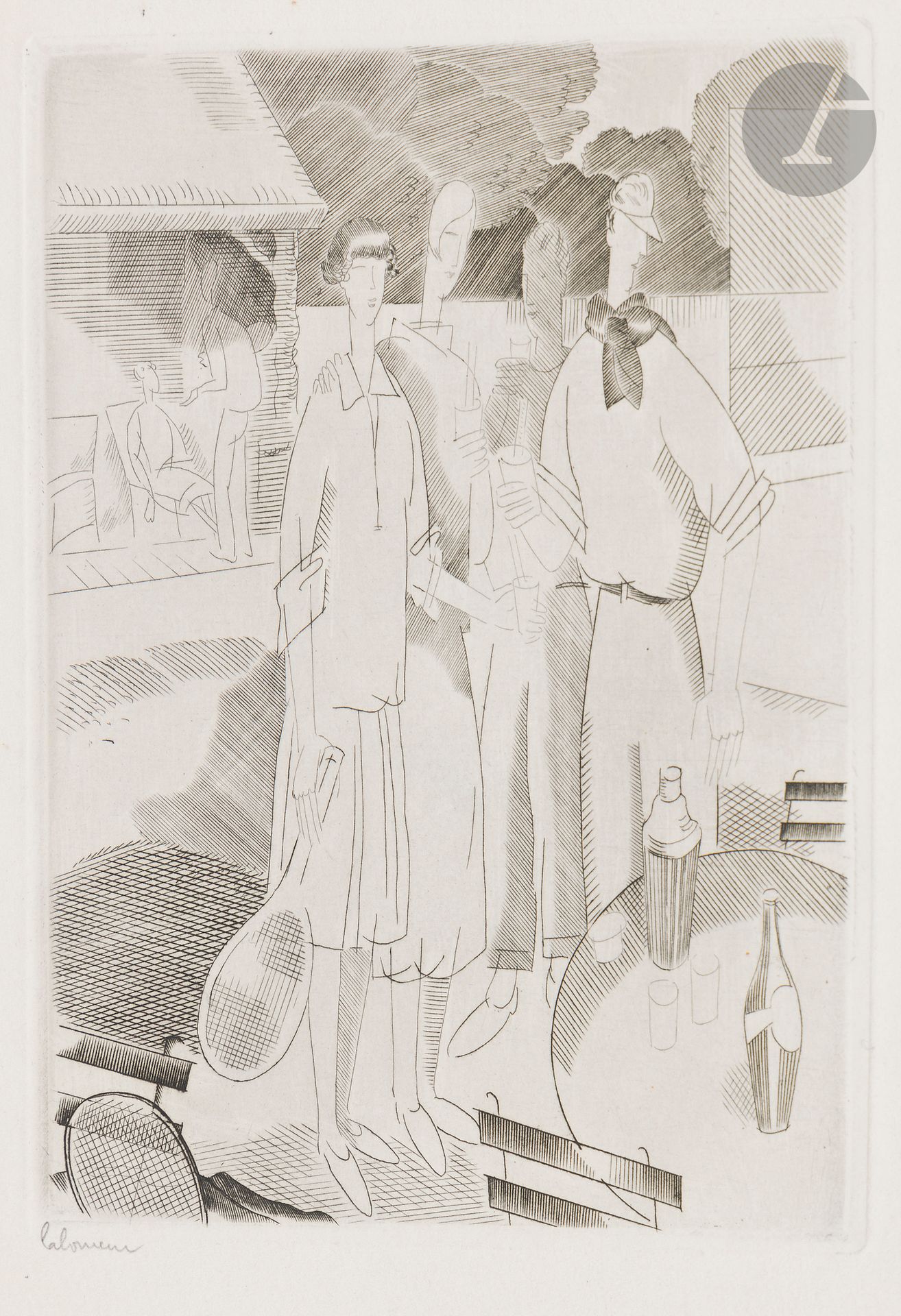 Jean-Émile Laboureur (1877-1943) 
Tennis. 1926 (Pl. for Petits et grands verres, Paris, Au Sans-Pareil, 1927). Burin. 100 x 140. Laboureur 342-5. Perfect proof on white vellum, signed in pencil. Full margins.