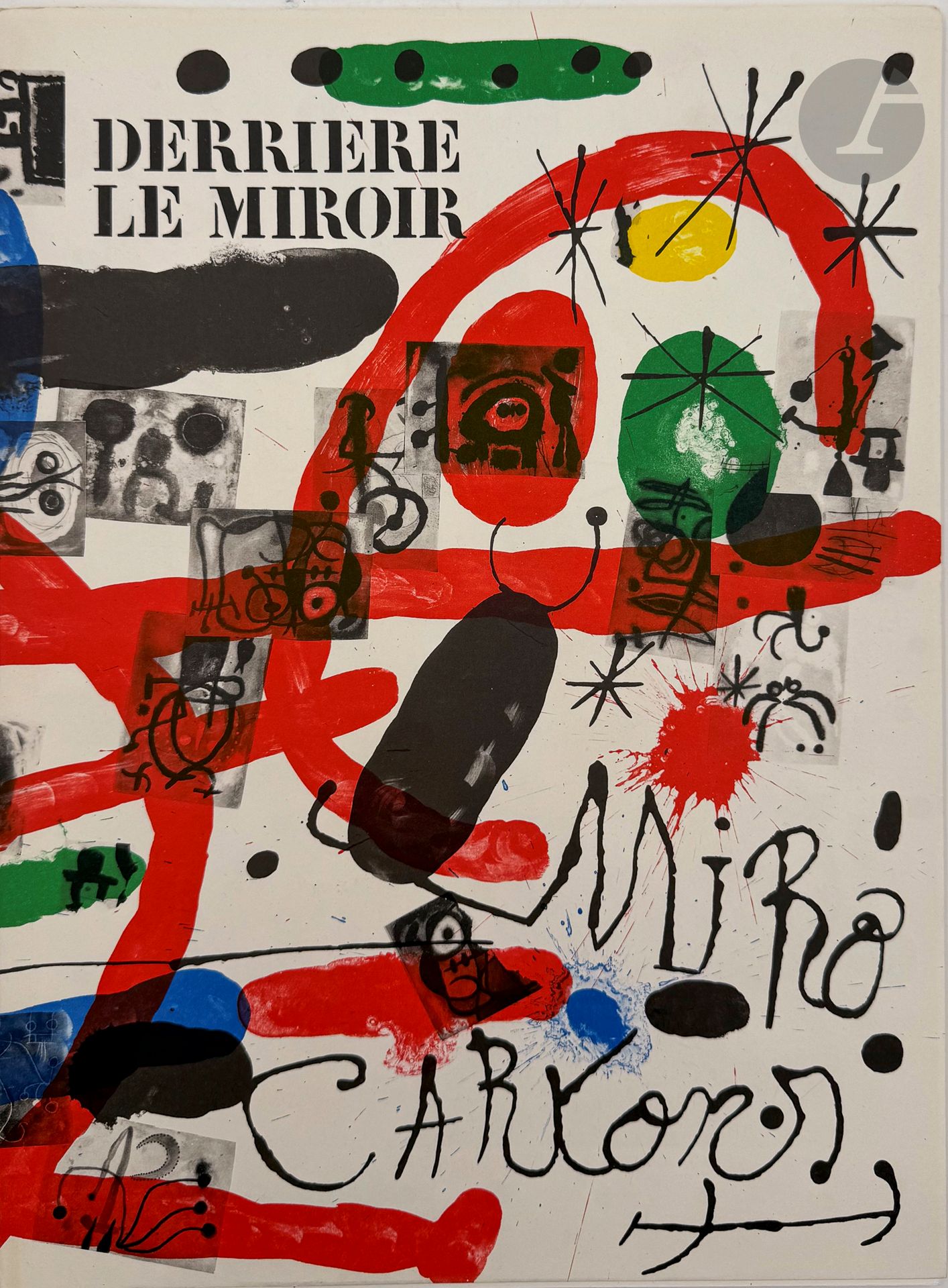 MIRÓ (Joan).
Derrière le miroir. Miró. Cartons.
Paris : Maeght, 1965. — In-folio, en feuilles.
Numéro double 151-152 publié pour l'exposition de 32 peintures récentes sur cartons de Miró à la Galerie Maeght. Texte de Jacques Dupin.

Comprend 26 pages de lithographies originales en couleurs et 3 lithographies en noir dont une sur double page. 

Exemplaire très bien conservé, complet des deux feuillets des Chroniques