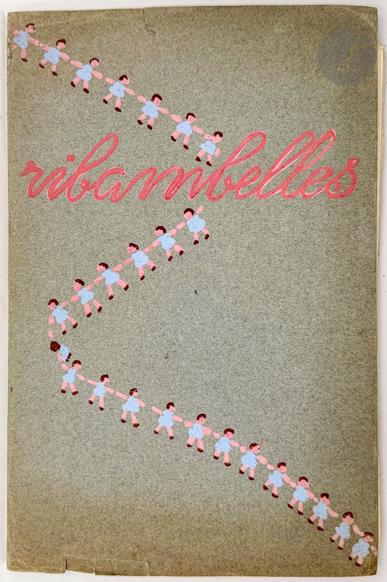 [ENFANTINA - MANUSCRIT].
Ribambelles.
S.l., s.d. [vers 1950]. —In-4, en feuilles, couverture rempliée.
Joli livre pour enfants entièrement manuscrit mettant en scène Claude et Liliane. Il se compose d'une couverture et de 24 feuillets comprenant une partie textuelle et un dessin original à l'aquarelle, à l'exception du troisième feuillet où le texte a été copié à la machine puis collé.

Ce manuscrit semble inédit, peut-être réalisé pour un usage privé.

Couverture brunie sur les bords, quelques petites déchirures sans manque sur les bords.