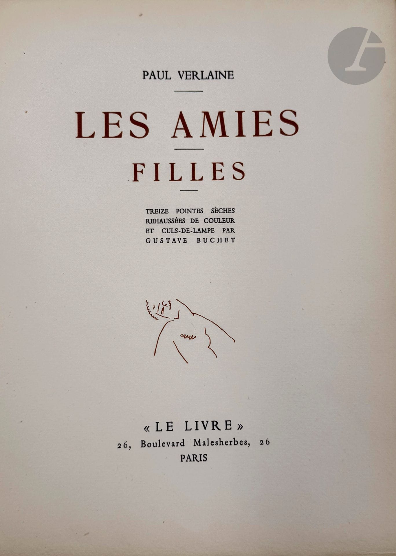 BUCHET (Gustave) - VERLAINE (Paul).
Les Amies. Filles.
Paris : Le Livre, 1921. — In-8, en feuilles, couverture rempliée.
Édition tirée à 475 exemplaires, illustrée de 13 pointes sèches rehaussées de couleurs à pleine page sous serpente légendée ainsi que d'une vignette de titre et de 15 culs-de-lampe en bistre, du peintre suisse Gustave BUCHET (1888-1963).

Un des 425 exemplaires sur vélin Holland van Gelder Zonen.

Petite déchirure avec manque en haut du dos de la couverture.