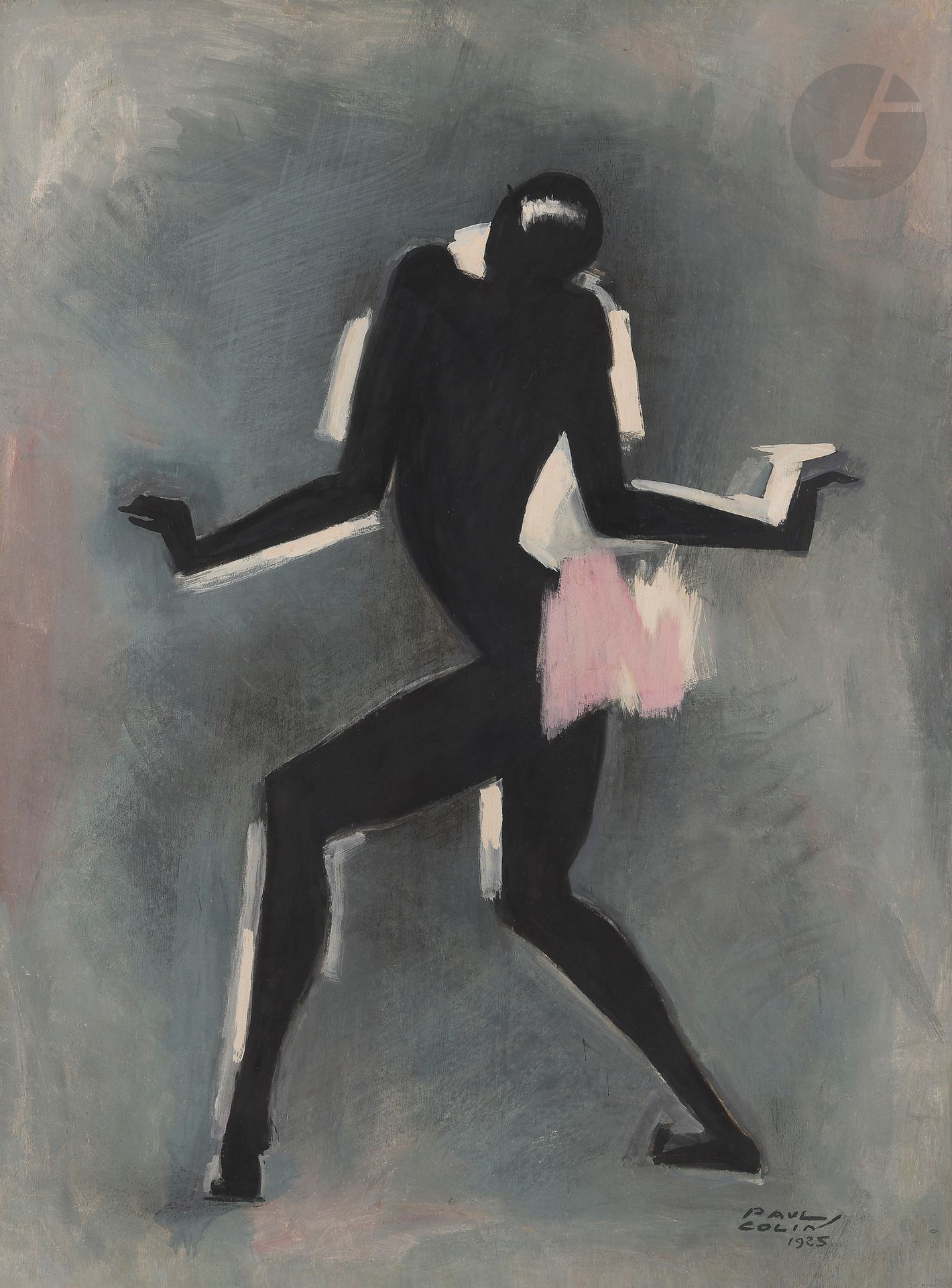 Paul COLIN (1892-1985)
Le Tumulte noir, [1925]
Huile sur panneau.
Signée et datée en bas à droite.
156 x 116 cm
Provenance :
- Vente Paul Colin, Maître Claude Robert, Hôtel Drouot, le 19 mars 1970, Paris, n° 1.
- Collection Jean Roudillon. Acquis lors de cette dernière.
Jeune nancéen monté à Paris pour y être reconnu comme peintre il est, par un heureux concours de circonstances, choisi en 1925 pour faire l’affiche de la Revue Nègre et de sa vedette Joséphine Baker : du jour au lendemain, il devient le plus grand affichiste et décorateur des spectacles parisiens. à la libération, il se consacre aux commémorations de l’après-guerre et reçoit des commandes publicitaires des plus grandes sociétés nationales qui, avec le temps se raréfient…
Il reprend alors ses pinceaux pour réinterpréter les affiches qui ont fait sa gloire, les expose et organise des ventes publiques, notamment avec Maître Claude Robert les 21 mars 1969 et 19 mars 1970. Les plus réussies sont, bien sûr, les portraits de Joséphine Baker, qu’il date toujours 1925, son année fétiche. Le nôtre est le n° 1, comme indiqué au dos, de la vente de 1970 et titré « Le tumulte noir » (un album qui est en fait de 1927 !) dont il réinterprète une des meilleures planches. C’est loin d’être un remugle nostalgique : il réinvente Joséphine avec un souffle totalement nouveau ; à la froideur, aux couleurs plates de l’art-déco, il substitue une forme libre, de la matière et des couleurs franches. La silhouette noire est vivement stylisée, le cerne blanc aléatoire, le fond gris vibrant. C’est indéniablement tout Colin à son meilleur.