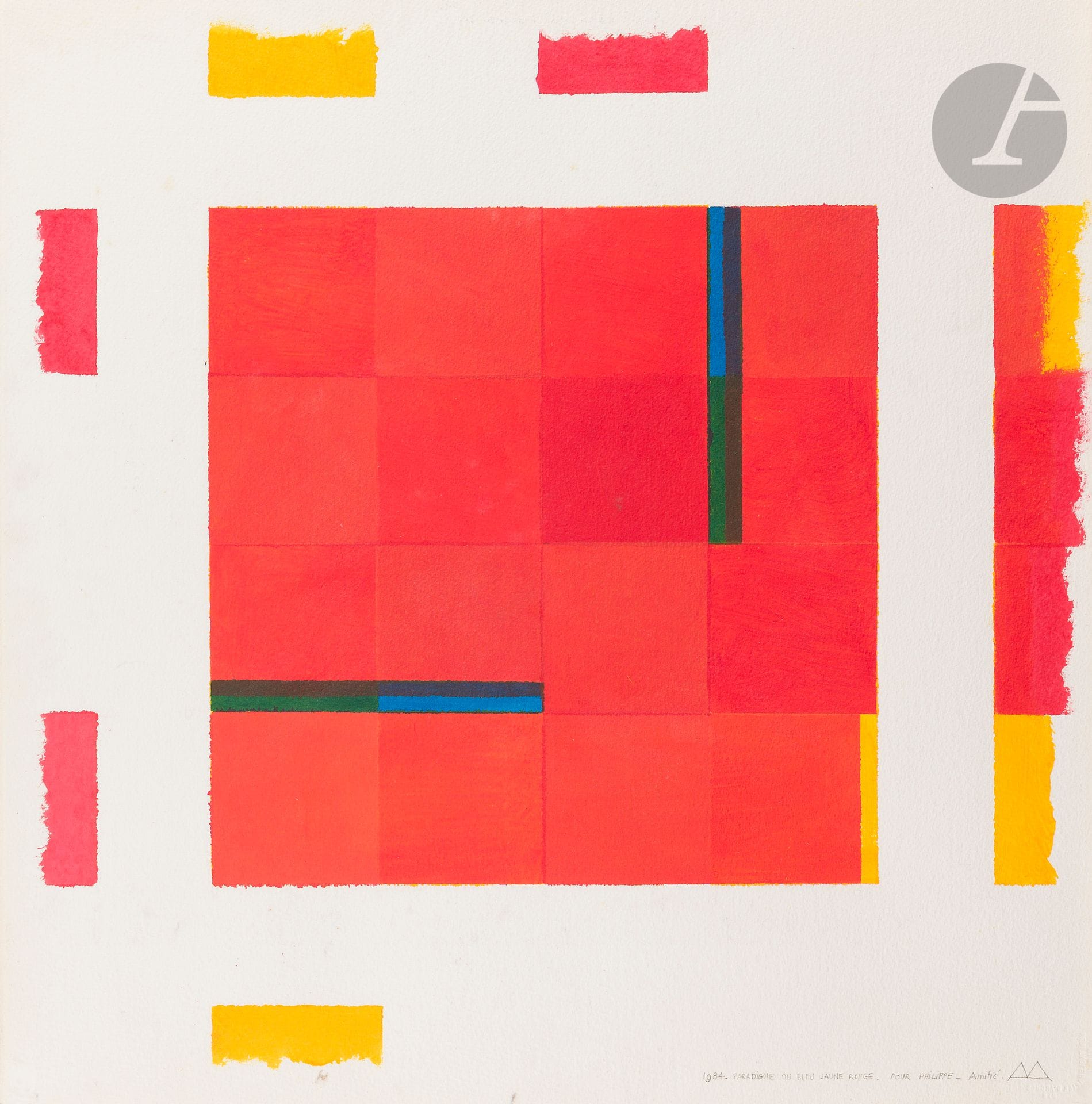 Albert AYME (1921-2012)
Paradigme du bleu jaune rouge
Peinture et pigments purs sur papier pur chiffon,
Monogrammée, datée, titrée et dédicacée en bas à droite.
Tampon de l'artiste et dédicace.
57 x 57 cm

Nous remercions Madame Martine Ayme pour les informations qu’elle nous a transmises.