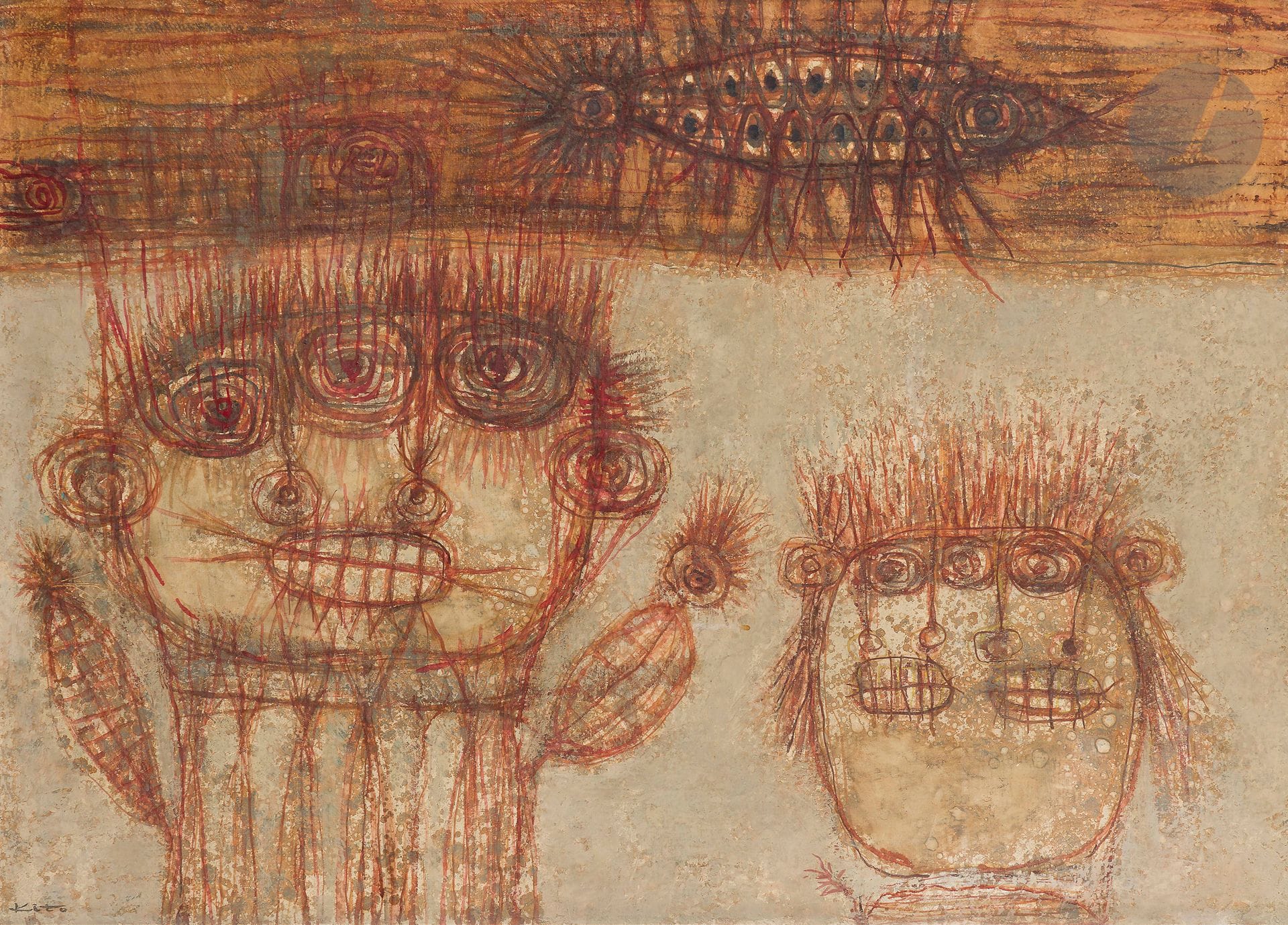 Akira KITO [japonais] (1925-1994)
Rêve de poisson, 1962
Huile sur toile.
Signée en bas à gauche.
Signée, datée et titrée au dos.
73 x 100 cm